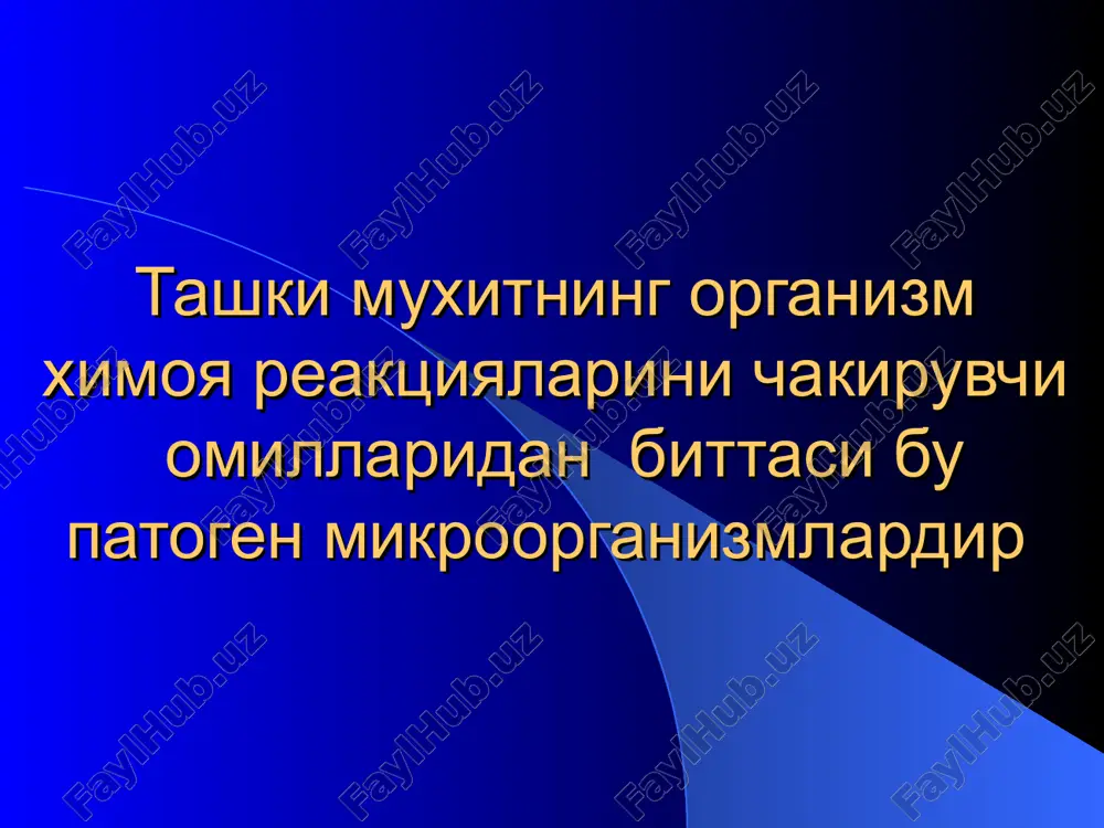 davo –yiringli bushlikni (abstsessni) ochish. abstsessni operatsiya kilish oldidan punktsiya kilish abstsessda yiringli bushlikni ochish operatsiyasi yiringli bushlikni ochishda bushlik chuntaklarini taftish kilish flegmona tukimalarning tarkok yiringli yalliglanish jarayoni flegmona deyiladi va u kupincha siyrak biriktiruvchi tukimalarda uchraydi karbunkul va flegmonaning sxematik kurinishi flegmonaning klinikasi: ogrik titrok tana xaroratining baland bulishi (40os) umumiy xolsizlik buyn soxasining adenoflegmonasi flegmonani davolash: fakat boshlangich boskichlaridagina konservativ muolajalar buyurish mumkin. jarayon yana rivojlanadigan bulsa shoshilinch ravishda operativ davo zarur. saramas (roja) saramas terining, ba'zan esa shilik kavatlarining rivoj oluvchi utkir yalliglanish kasalligi bulib, uning kuzgatuvchisi streptokokk a xisoblanadi. saramasning klinikasi birdaniga boshlanishi tana xaroratining kutarilib, titrok tutishi bosh ogrishi «olov tilchalari» (yazichki plameni) kurinishida teri kizarishi terining shishishi va ogrikliligi yuz soxasining saramasi saramasning klinik shakllari: eritematoz saramas bullez shakli flegmonoz yoki gangrenoz shakli eritematoz saramas saramasning bu shaklida teri shishi va kizarishi kuzatilib, ular jarayonning susayishi bilan yukoladi. saramasning bullez shakli saramasning bullez …