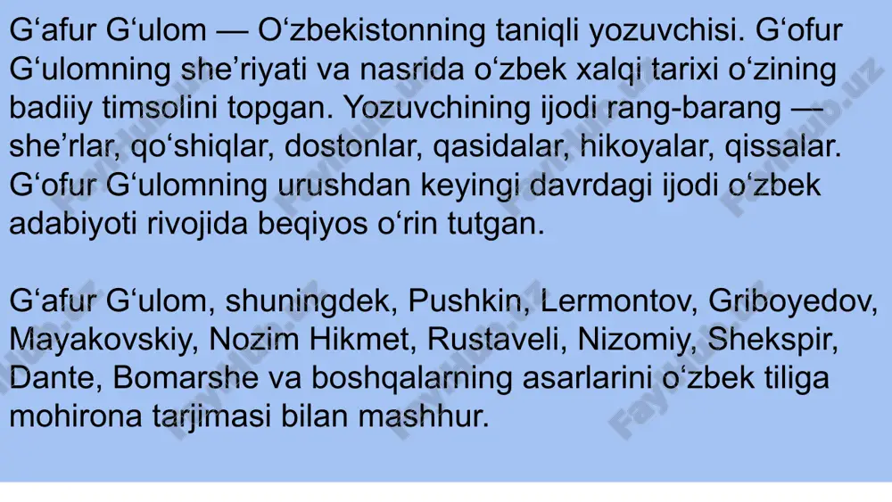 oti haqida o‘zi so‘zlaydi. bola uyidan mahsulotlarni olib chiqib ketayotgan vaqtda onasi jazolaganligi tufayli, uyidan xolasinikiga qarab qochadi. ammo, bu yerda ham bolaning omadi kelmaydi: u tasodifan tog‘asining bedanasini o‘ldirib qo‘yib, bu uydan ham ketadi. shunday qilib, u darbadar va ovoralik qilishni boshlaydi. yozuvchi o‘z e’tiborini shum bolaning xavotirlari va ichki kechinmalarini tasvirlashga qaratadi. tashqi hodisalar, narsalar va kichik qahramonni o‘rab turgan barchasini tasvirlash inson tuyg‘ularini chuqur namoyon qilishda xizmat qiladi. bunga barchasi bo‘ysunadi — voqea bayonotining nuqtai-nazari, manzara va asarning timsoliy negizi g‘ofur g‘ulom qisqa, o‘tkir syujetli hikoyalar ustasi sifatida ham taniqli bo‘lib, hikoya uslubi o‘rnida u yozuvchining savol-javoblari bilan to‘ldirilgan jonli do‘stona bahs-munozara shaklida, mualliflik nutqi va kitobxonga erkin yuzlanish orqali foydalanadi. g‘ofur g‘ulom tomonidan 30-yillarda yaratilgan ko‘plab nasriy asarlar yangi insoniy munosabatlarga bag‘ishlangan. u asarlarida yoritgan asosiy muammo va yechimlar - bu insonning axloqiy tarbiyasi, uning ma’naviy va madaniy rivoji sari kurashdir. muallif o‘zining nasriy asarlarida yorqin …