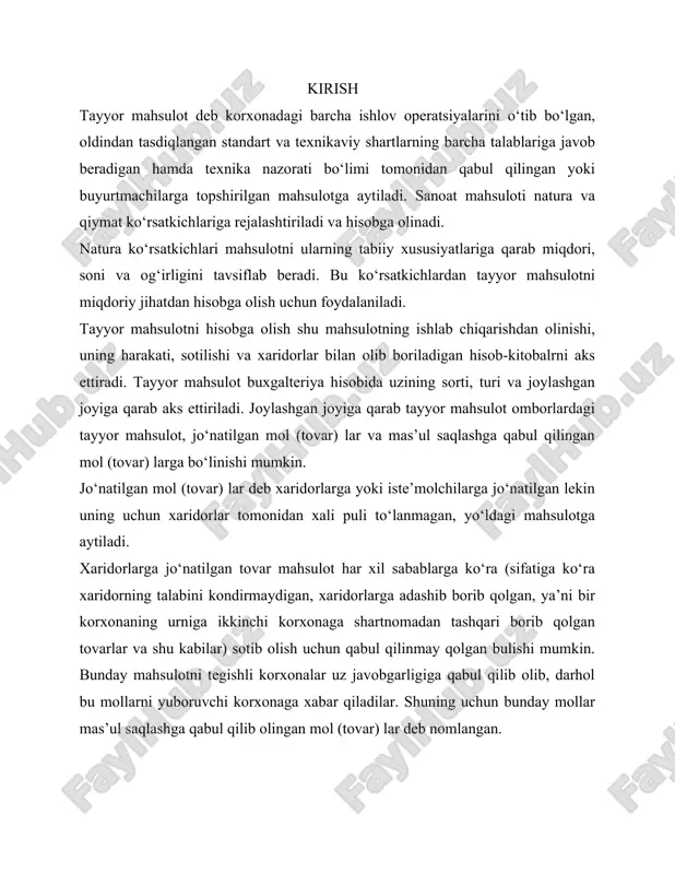 otib olish uchun qabul qilinmay qolgan bulishi mumkin. bunday mahsulotni tegishli korxonalar uz javobgarligiga qabul qilib olib, darhol bu mollarni yuboruvchi korxonaga xabar qiladilar. shuning uchun bunday mollar mas’ul saqlashga qabul qilib olingan mol (tovar) lar deb nomlangan. tayyor mahsulot va uning baholanishi. korxona faoliyatida tayyor mahsulotni ishlab chiqarish va ularni baholash muhim moliyaviy va buxgalteriya jarayonidir. tayyor mahsulot — ishlab chiqarish jarayoni yakunida texnik talab va standartlarga mos keladigan, omborga qabul qilingan va sotishga tayyor mahsulotdir. mahsulotni baholash esa korxona moliyaviy hisobotlarini aniq va ishonchli qilish, tannarxni aniqlash va sotishdan tushumni hisoblash uchun zarurdir. tayyor mahsulot quyidagi xususiyatlarga ega: · ishlab chiqarish jarayoni yakunlangan; · sifat nazoratidan o‘tgan; · qadoqlangan va belgilangan; · omborga topshirilgan va sotishga tayyor. tayyor mahsulot korxona moliyaviy hisobotida alohida hisoblanadi va u ishlab chiqarilgan mahsulotlar tannarxi bo‘yicha baholanadi. tayyor mahsulotni baholash usullari 1. haqiqiy tannarx bo‘yicha baholash mahsulotning qiymati ishlab chiqarishga sarflangan haqiqiy xarajatlar …