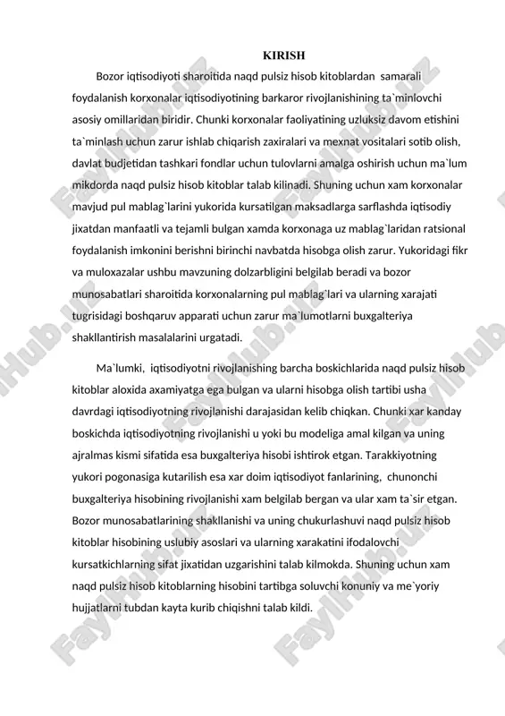 naqd pulsiz hisob kitoblar hisobining uslubiy asoslari va ularning xarakatini ifodalovchi kursatkichlarning sifat jixatidan uzgarishini talab kilmokda. shuning uchun xam naqd pulsiz hisob kitoblarning hisobini tartibga soluvchi konuniy va me`yoriy hujjatlarni tubdan kayta kurib chiqishni talab kildi. 1. pul mablag’lari va hisob–kitoblarning mazmuni hamda ularni hisobga olishning vazifalari bozor munosabatlari sharoitida xo’jalik yurituvchi subyektlarning ishlab chiqarish jarayonida doimo boshqa xo’jaliklar bilan iqtisodiy aloqada bo’ladilar. bunday aloqalarini olib borish xo’jaliklarning asosiy faoliyati hisoblanadi va ishlab chiqarish jarayonining uzluksizligi, mahsulotlarni o’z vaqtida jo’natish hamda sotish jarayoni ta’minlanadi. xo’jalik aloqalari shartnomalar bilan rasmiylashtirilib, ularga asosan bir tomon mahsulot (ish va xizmat) larni taklif etuvchi (sotuvchi), ikkinchi tomon esa – xaridor sifatida qatnashib, to’lovni amalga oshiruvchi bo’lib qatnashadi. mahsulot (ish va xizmat) larni yetkazib beruvchi bilan uning haqini to’lovchilar orasidagi hisoblashishlar o’z vaqtida tashkil etilishi aylanma mablag’larning aylanish tezlashishiga ta’sir qilib, olinadigan va to’lanadigan mablag’larning paydo bo’lishiga barham beradi. shuningdek, xo’jaliklarning budjet va budjetdan …