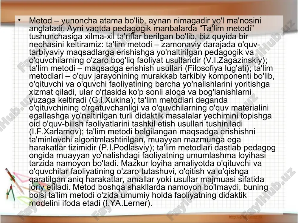 a'lim metodi – motivatsiya – bu shaxs hatti-harakatini yuzaga keltiruvchi ichki harakatlantiruvchi kuch, hissiyot bo'lib, pedagog uni boshqarishga harakat qiladi va o'quv jarayonini tashkil etish hisobga olinadi. uni amalda vujudga keltirish uchun o'qituvchi o'rganilayotgan faoliyat tajribalaridan taassurotli dalillarni maxsus yig'ishi va o'quvchi (talaba) larga o'qitilayotgan fanning asosiy holatlari bo'yicha bilimlar asosida noqulay vaziyatlardan chiqib ketish yo'llarini namoyon qilish kerak. ta'limiy ta'lim metodi – o'quv materiallarining mazmunini bilish, ya'ni ushbu fanga tegishli ilmiy bilimlarni o'zlashtirish va amaliyotga tatbiq qila olishdir. rivojlantiruvchi ta'lim metodi – ta'lim jarayoni ta'sirida shaxsning aqliy kamolotini, bilish qobiliyatini, o'qishga, mehnatga bo'lgan munosabatini rivojlantirishdan iborat. tarbiyaviy ta'lim metodi – fan asoslarini o'zlashtirish orqali uni mazmunida yotgan g'oyalar, dunyoqarashlar ta'sirida o'zining shaxsiy sifatlarini, iymon-e'tiqodlarini shakllantirishdir. tashkiliy ta'lim metodi – pedagogikada o'qitishning tashkiliy shakli deganda o'quvchi (talaba) larga o'qitish jarayonida qo'yilgan tashqi shart-sharoitlar yig'indisi tushiniladi. metodlarni har qanday muammoni uzatish va qabul qilish xarakteriga qarab quyidagi turlarga ajratish mumkin: so'z …