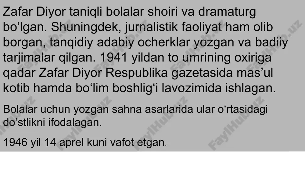 axon, binafsha kulishlaring chiroyli: bog‘imizda ochilib turishlaring chiroyli. hamma chiqar dalaga binafshalar tergali, men ham terdim bir dasta opamizga bergali. — mana, opa, binafsha, qarang, qanday chiroyli. — yuring, — dedi opamiz, — binafshalar teraylik. binafshalar ochildi chakkangga taq, chakkangga: atir hidi sochildi, chakkangga taq, chakkangga. lazzat olib hididan bolarilar uchadi. ipakqanot kapalak barglarini quchadi. seni maqtab kuylaydi, bog‘ aylanib qushchalar. darak berib bahordan, quvontirding shunchalar. binafshaxon, binafsha kulishlaring chiroyli. ko‘ksimizda hid sochib turishlaring chiroyli! image3.jpg image1.jpg image2.jpg