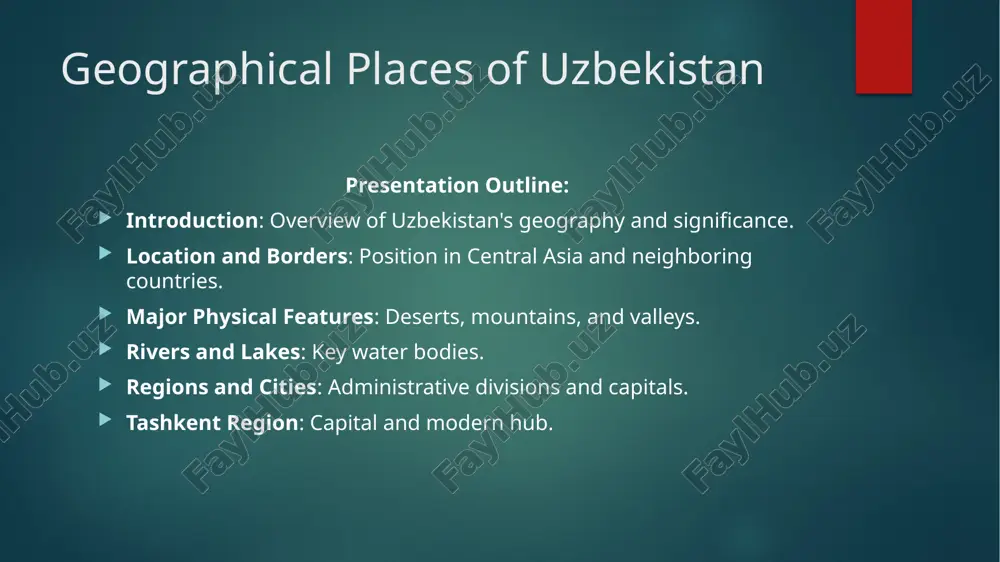 overview: mix of urban hubs and rural deserts. tashkent region capital city: tashkent; modern economic center with bazaars like chorsu. elevation: 455 m; population 2.4 million. attractions: khast imam complex (ancient quran); tashkent tv tower (375 m tall). geography: near mirzachul desert and tien shan spurs. samarkand region historical hub: silk road city; unesco site with registan square (three madrasahs, 15th-17th centuries). key sites: shah-i-zinda (necropolis, 11th-15th centuries); gur-emir mausoleum (timur's tomb). zeravshan valley: fertile area; ancient cultural center. significance: timurid empire capital. bukhara region ancient city: over 140 architectural monuments; unesco site. landmarks: ark fortress (12th century); kalyan minaret and mosque (16th century). ismail samani mausoleum: 10th-century brick architecture. geography: zeravshan valley; spiritual and trade center. conclusion summary: uzbekistan’s geography includes deserts (kyzylkum), mountains (tien shan), and historic sites (registan, khiva). importance: rich heritage from silk road; faces challenges like aral sea shrinkage. call to action: visit to experience …