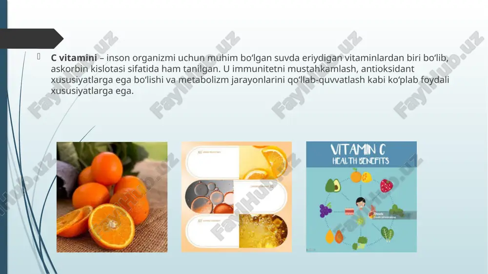 ezavorlar: apelsin, limon, mandarin, greypfrut qora smorodina, kivi, qulupnay anor, olma, ananas sabzavotlar va ko‘katlar: qizil va yashil qalampir brokkoli, gulkaram, oq karam shivit (ukrop), petrushka, ismaloq pomidor, kartoshka boshqa manbalar: itburun (shipovnik) – eng yuqori miqdorda c vitamini saqlovchi manbalardan biri achchiq qalampiryong‘oqlar va urug‘lar muhim eslatma: c vitamini issiqlik ta’sirida tez parchalanadi, shuning uchun sabzavot va mevalarni iloji boricha yangi yoki ozgina ishlov berilgan holda iste’mol qilish kerak. turli yosh va holatlarga qarab tavsiya etilgan me’yorlar: c vitamini yetishmovchiligi va uning alomatlari agar organizmda c vitamini yetishmovchiligi kuzatilsa, quyidagi muammolar paydo bo‘lishi mumkin: tez-tez shamollash va infektsiyalarga moyillik charchoq, quvvatsizlik teri qurishi va yorilishi tish go‘shti qonashi va tishlarning zaiflashishi yaralar va kesilgan joylarning sekin bitishi soch to‘kilishi va mo‘rtlashishi kayfiyatning tushishi, depressiyaga moyillik og‘ir yetishmovchilik holatlari "skorbut" kasalligiga olib kelishi mumkin. bu kasallikda tishlar to‘kilib ketadi, qon tomirlari mo‘rtlashib, qon ketishlar paydo bo‘ladi. agar organizm tabiiy oziq-ovqatlar …