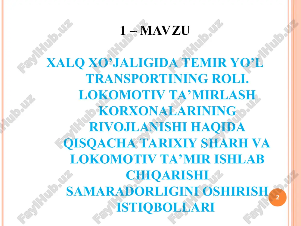 bilan tasdiqlangan tartib asosida bajariladi. * lokomotivlarni ta’mirlash zavodlari lokomotivlarni kapital ta’mirlash, ularni modernizatsiyalash, shuningdek depolar ehtiyojlari uchun teplovozlarning detal va agregatlarini ta’mirlash uchun mo’ljallangan. shu bilan birga lokomotivlarni ta’mirlash zavodlari kooperatsiya rejalariga asosan boshqa korxonalar va temir yo’llardan foydalanish jarayonidagi ehtiyojlar uchun ehtiyot qismlari ishlab chiqaradi. lokomotiv depolari va lokomotivlarni ta’mirlash zavodlari temir yo’l transportining mustaqil ho’jalik hisobidagi korxonalari bo’lib, belgilangan rejaga asosan ta’mirlash va ehtiyot qismlarini ishlab chiqarish uchun mo’ljallangan. ushbu korxonalar ishlab chiqarish-texnik, tashkiliy-administrativ va iqtisodiy birliklar bilan tavsiflanadi. ishlab chiqarish-texnik birlik shundan iboratki, har bir zavod yoki depo lokomotivlarni ta’mirlash va ularning detallarini tayyorlash bo’yicha umumiy ishlab chiqarish jarayoni bilan birlashtirilgan murakkab, o’zaro bog’langan sexlar, uchastkalar va xizmatlar, mashinalar va jihozlar kompleksidan tashkil topgan. * lokomotivlarni ta’mirlash zavodi – ho’jalik hisobidagi yirik korxona bo’lib, u o’z ishini quyidagilar asosida tashkil etadi: ishlab chiqarishning eng ilg’or texnologiyalarini joriy etish; mehnat samaradorligini doimiy ravishda oshirib borishini ta’minlash; mahsulot …