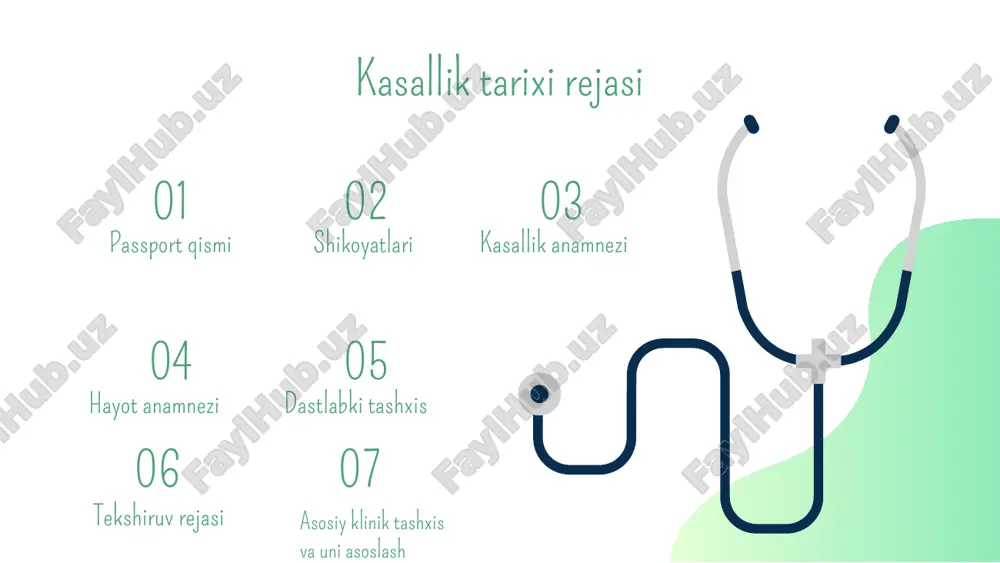 hushi ozida. holati faol. terisi va korinadigan shilliq qavatlari rangpar shilliq qavatlarda o’zgarishlar yo’q. tana tuzilishi giperstenik. tayanch -harakat tizimida deformatsiyalar yo’q. bo’g’imlar harakati cheklangan, ogriqli.periferik limfa tugunlari kattalashmagan holati, teri va shilliq qavatlari, skelet va muskul tizimi nafas olishi maromida. nos 20ta minutiga. ko’krak qafasida palapatsiya qilinganganda og’riqli nuqtalar yo’q.perkussiyada o’pkada perkutor tovush. auskultatsiyada ikki tomonlama pastki sohalarda vezikulyar nafas susaygan nafas olish sistemasi yurak chegaralari yukoridan 3-kovurga oraligida. ungdan tush suyagidan unga 1,0 sm siljigan 4 chi kovurga oraligida, chapdan linia mediaclavicularis dan 1. sm tashkarida 5chi kovurga oraligida. auskultatsiyada yurak tonlari bugiklashgan, ritmik. aorta ustida 2-ton aktsenti eshitiladi. akb 160/90 mm sim ust teng. puls-100ga teng ritmik,. yurak qon- tomir sistemasi tili nam, til ildizlari oq karash bilan qoplangan. qorin palaptsiyada yumshoq, ung kovurga eyi va epigastral soxada ogirlik sezadi.jigar +1.0sm kattalashgan,taloq palaptsiyalanmaydi.kabziyatga moyil ovqat hazm qilish sistemasi ayirish sistemasi nerv sistemasi endokrin sistemasi simptomi manfiy.oyoqda shishlar …