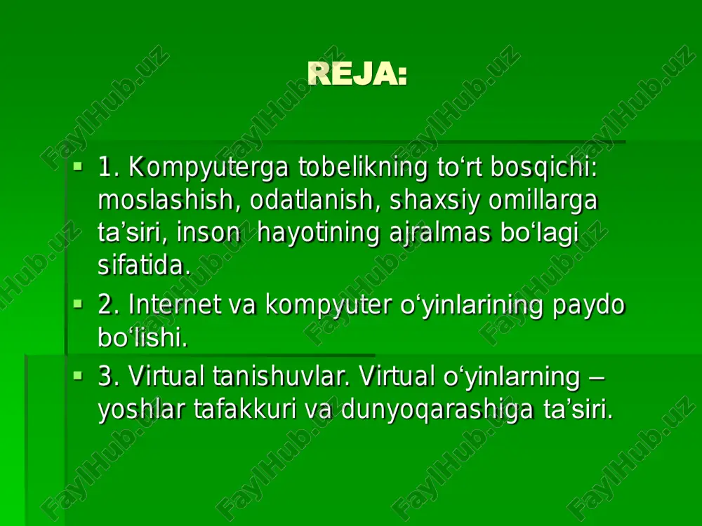 alar ko‘proq foydali hisoblangan harakatli o‘yinlar bilan shug‘ullanishga umuman iziqmay qo‘yadilar. soatlab sichqonchadan foyda- lanish esa barmoqlarning og‘rishiga sabab bo‘ladi, shuningdek, bolaning engashib o‘tirishi uning qomatiga zarar yetkazadi. kompyuterdan foydalanib, bola sensorikani his etmaydi. ikkinchidan • bolaning smartfon va planshet ekranlaridagi obyektlarga tikilib o‘tirishlari ko‘rishdagi muammolarni yuzaga keltiradi. uchinchidan • , planshet va smartfonlardan uzoq vaqt foydalanish bolaning bo‘yin qismida muammolar yuzaga keladi. bola kompyuterda o‘yinlar bilan band bo‘lganida ekranga tikilaverib, kipriklari pirpiraydigan bo‘lib qolishi kabi yomon holatlar paydo bo‘ladi. bolalarda kompyuter va axborot vositalariga sog‘lom qiziqish yoki gadjetlarga qaramlik yuzaga kelayotganligini bola xatti-harakatlarini kuzatish va quyidagi holatlarga e’tibor berish orqali aniqlash mumkin: • bola qancha vaqtini kompyuter o‘yinlari bilan o‘tkazishi. agar bir soatdan ortiq bo‘lsa qaramlik xavfidan tashvishlanish mumkin. • bola kompyuter yoki planshet kabilarsiz ham o‘yinlar bilan shug‘ullana olishi. • bolani ovqatlanish yoki biror boshqa sabablar bilan chaqirilganda kompyuter yonidan ketib, qanchalik tez javob beradi yoki chaqirgan inson …