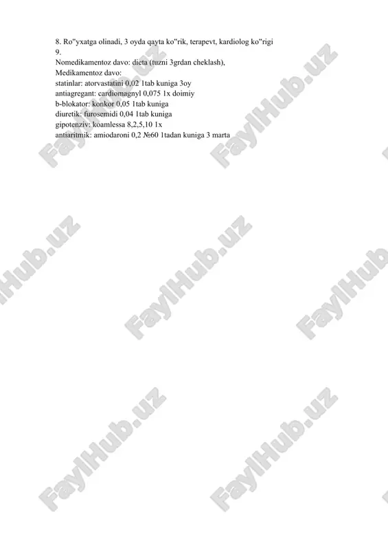 iopatiya: yurak yetishmovchiligi, kardialgiya, yurak o‟tkazuvchanligini buzilishi, tromboemboliya, yurak chegaralarini kattalashishi, fb kamayishi nostabil stenokardiya: yuqori intensivlikdagi tosh ortidagi og‟riq, jismoniy harakat bilan bog‟liq kardiomarkerlar manfiy, huruj vaqti 30 daqiqagacha, o‟tkazuvchanlik buzilishi, ekg da ishemiya belgilari diffuz miokardit: yurak yetishmovchiligi, kameralarni kengayishi, yurak ritmini o‟zgarishi, tanda intoksikatsiya, perikardit 7. ii kategoriya xizmati. 10 kundan keyin qayta ko‟rik 8. ro‟yxatga olinadi, 3 oyda qayta ko‟rik, terapevt, kardiolog ko‟rigi 9. nomedikamentoz davo: dieta (tuzni 3grdan cheklash), medikamentoz davo: statinlar: atorvastatini 0,02 1tab kuniga 3oy antiagregant: cardiomagnyl 0,075 1x doimiy b-blokator: konkor 0,05 1tab kuniga diuretik: furosemidi 0,04 1tab kuniga gipotenziv: koamlessa 8,2,5,10 1x antiaritmik: amiodaroni 0,2 №60 1tadan kuniga 3 marta 2- klinik vaziyat bemor 25 yoshda, yurak noto'g'ri urishi va yurak soxasida og'riq, tana harorati ko'tarilishi, tinch xolatda hansirash aniqlanadi. talabalar uchun topshiriq: 1. qanday qo'shimcha savollar sizga ehtimoliy tashxisni tasdiqlashga yordam beradi; 2. ushbu bemorni ob'ektiv ko'rikdan o'tkazishning muhim bosqichlarini …