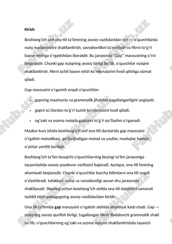ikrini boshqalarga yetkazadi, savol beradi, javob qaytaradi, buyruq beradi yoki his-hayajonini ifodalaydi. shu bois gapni o‘rgatish jarayonida o‘quvchilar nutqiy, grammatik, imloviy va uslubiy ko‘nikmalarni egallaydilar. gapni o‘rganish orqali o‘quvchilar: · fikrni izchil va mantiqiy bayon qilishni; · gapni to‘g‘ri tuzish, uni so‘zlardan tashkil etishni; · gapning turlarini farqlashni; · og‘zaki va yozma nutqda to‘g‘ri qo‘llashni o‘rganadilar. boshlang‘ich sinflarda gap mavzusini o‘rgatishning o‘ziga xos tomonlari mavjud. avvalo, bu jarayon 1-sinfdan boshlab savod o‘rgatish davridayoq boshlanadi. o‘quvchilar dastlab oddiy gaplarni ajratib ko‘rish, rasmlar asosida gap tuzish orqali gapning mohiyatini anglaydilar. keyinchalik 2–4-sinflarda gapning grammatik belgilarini, maqsadga ko‘ra turlarini, gap bo‘laklarini o‘rganib boradilar. shu tarzda ular nutqiy savodxonlikni egallash bilan bir qatorda grammatik bilimlarni ham mustahkamlab boradilar. gap mavzusini o‘rgatishda samarali metodlardan foydalanish o‘ta muhimdir. an’anaviy usullar bilan birga zamonaviy pedagogik texnologiyalar — suhbat, interfaol mashg‘ulotlar, klaster, rolli o‘yinlar, savol-javob, matn ustida ishlash kabi usullar keng qo‘llanilmoqda. ayniqsa, didaktik o‘yinlar va mustaqil mashqlar …