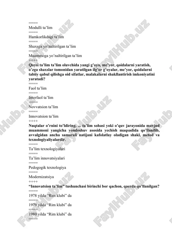 === 1981 yilda “rim klubi” da ++++ nuqtalar o’rnini to’ldiring. ... yangi ijtimoiy talablarning an’anaviy me’yorlarga mos kelmasligi yoki yangi shakllanayotgan g’oyalarning mavjud g’oyalarni inkor etishi natijasida vujudga keladigan majmuali muammolarni yechishga qaratilgan faoliyatdir. ==== innovatsion faoliyat ==== pedogogik faoliyat ==== texnologik faoliyat ==== kasbiy faolityat ++++ innovatsiyani asoslash necha bosqichda amalga oshiriladi? ==== 3 ==== 4 ==== 5 ==== 6 ++++ pedagogik innovatsion jarayonlari uchun nechta qonuniyatlar bilan xarakterlanadi? ==== 2 ==== 3 ==== 4 ==== 5 ++++ innovatsiyalarni pedagogik jarayonga tatbiq etish necha bosqichda amalga oshiriladi? ==== 2 ==== 3 ==== 4 ==== 5 ++++ talabalar o’quv parotfoliolari necha turga bo’linadi? ==== 3 ==== 4 ==== 5 ==== 6 ++++ “modul” (lot. “modulus”) tushunchasi to’g’ri ta’riflangan qatorni belgilang. ==== tizim ichidagi o’zaro chambarchas bog’liq bo’lmagan elementlardan iborat tugun ==== muayyan texnologiyani tashkil qiluvchi tarkibiy bo’laklarni ifodalovchi atama ==== tizim ichidagi o’zaro chambarchas bog’liq elementlardan iborat tugun ==== o’quv …