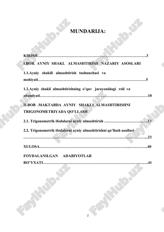 tengsizliklar ustida ishlash va turli matematik amallarni bajarishda keng qo‘llaniladi. kurs ishining obyekti kurs ishining obyekti — umumta’lim maktablarining 7–9-sinflari matematika darslari jarayonida algebraik ifodalar bilan ishlash, xususan, ayniy shakllarni almashtirish metodikasini qo‘llash bilan bog‘liq o‘quv jarayoni hisoblanadi.kurs ishining predmeti kurs ishining predmeti — ayniy shakllarni almashtirish usullari, ularni o‘rgatish metodikasi, bu metodikani qo‘llash orqali o‘quvchilarning bilim, ko‘nikma va malakalarini shakllantirish usullari hamda didaktik materiallar. kurs ishining maqsadi kurs ishining asosiy maqsadi — ayniy shakllarni almashtirishning nazariy asoslarini o‘rganish, uni o‘qitish metodikasini tahlil qilish hamda ushbu metodikaning o‘quv jarayonida samarali qo‘llanilishini ta’mi bo‘yicha uslubiy tavsiyalar ishlab chiqishdir. kurs ishining vazifalari 1. ayniy shakllarni almashtirishga oid nazariy bilimlarni o‘rganish va tahlil qilish. 2. mavzuga doir mavjud darsliklar, metodik qo‘llanmalar va ilmiy adabiyotlarni tahlil qilish. 3. ayniy shakl almashtirishning asosiy turlarini (kvadratlar ayirmasi, kvadrat to‘liq kvadratga keltirish, ko‘paytuvchilarga ajratish va h.k.) metodik jihatdan asoslab berish. 4. o‘quvchilarning mavzuni o‘zlashtirish jarayonida yuzaga keladigan …