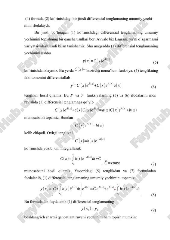 shuning uchun (8) formula (13) ko’rinishni oladi. bu esa bir jinsli bo’lmagan (1) differensial tenglamaning umumiy yechimi bir jinsli (2) differensial tenglamaning umumiy yechimi bilan bir jinsli bo’lmagan (1) differensial tenglamaning xususiy yechimining yig’indisidan iborat ekanligini ko’rsatadi. endi, (1) ko’rinishdagi chiziqli differensial tenglamaning umumiy yechimini topishning bernulli usuli bilan tanishamiz. shu maqsadda (1) differensial tenglamaning yechimini (14) ko’rinishda izlaymiz. natijada biz ushbu , ya’ni (15) ko’rinishidagi differensial tenglamaga ega bo’lamiz. bunda funksiyani shunday tanlaymizki, natijada shart bajarilsin. bu esa o’zgaruvchilari ajraladigan differensial tenglamadir. bu tenglamani yechib (16) funksiyani topamiz. shuning uchun (15) differensial tenglama ushbu ko’rinishni oladi. bu differensial tenglamani integrallab (17) munosabatni hosil qilamiz. topilgan va funksiyaning (16) va (17) ifodalarni (14) tenglikka qo’yib (1) differensial tenglamaning umumiy yechimini olamiz. endi, bir jinsli bo’lmagan (1) differensial tenglamaning xususiy yechimini topishning koshi usuli bilan tanishamiz. shu maqsadda, biror nuqtani olib quyidagi bir jinsli differensial tenglamaga qo’yilgan (18) koshi masalasining yechimini …