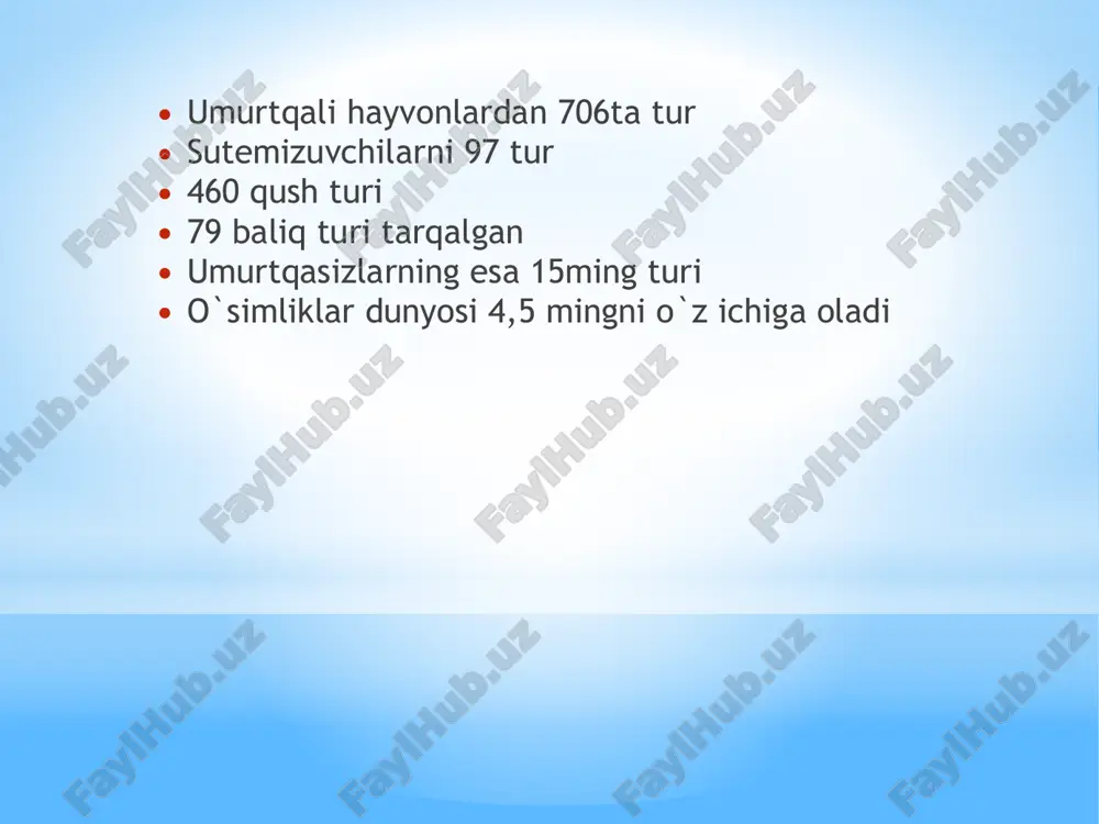 a qum sichqoni, tog`li hududlarda esa yumron qoziq lar blan ozuqalanadi xaritadan uchrash joylari aleksanor kapalagi maqomi:zaif,qisqarib borayotgan tur tarqalishi:g`arbiy tyan-shan g`arbiy pomir-oloy yashash joylari:turli tuman o`tli tog`lar 1000- 2500m soni:100m2 da 1ta uchraydi yashash tarzi: may-iyun oylarida tuxum qoyadi, qurti iyun-iyul oylarida chqadi. cheklovchi omillari: chorvachilik, pichondan ko`p foydalanish. xaritadan uchrash joylari tog`sevar lestiforus maqomi:tabiatan kamyob tur. tarqalishi:g`arbiy tyan-shan, g`arbiy pomir- oloy. yashash joylari:past va ortacha balandliklar. yashash tarzi: yiliga bir martta nasil beradi. ilk urchishi va tuxum qoyishi iyun-avgust oylarida boladi. turli o`simlik gullarida oziqlanadi. cheklovchi omil:yerlarning o`zlash trilishi,yaylovlardan keng foydalanish xaritadan uchrash joylari turkiston laqqasi maqomi:zaif, qisqaribborayotgan tur. mazaik tarqalgan. tarqalishi:oxabgaron, chirchiq, qoradayo va norin daryolarini yuqori qimida. yashash joylari: daryolarni tog` va tog` oldi hududlari. soni: ilgari barcha yashash joylarida tarqalga, keyingi 10 yil ichida keskin kaayib ketgan yashash tarzi: suv tubida yashovchi tungi faol baliq,3-4 yoshda jinsiy voyaga yetadi. suvga 120-880 tagacha uvildriq tashlaydi. xaritadan …
