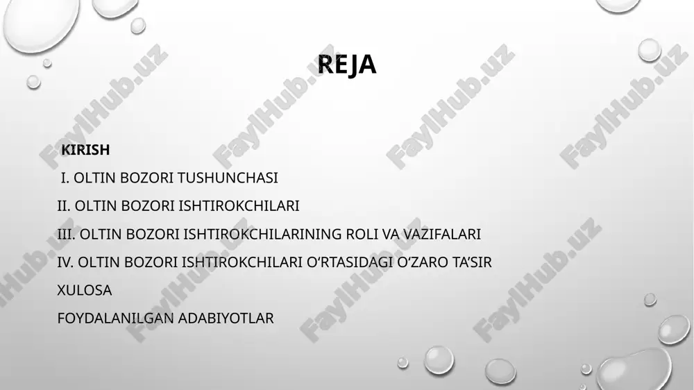 lan birga, oltin bozorining global xarakteri va yuqori likvidligi, ishtirokchilarni doimiy monitoring, tahlil va tezkor qarorlar qabul qilishga majbur qiladi. har bir ishtirokchi, bozordagi risklarni to‘g‘ri baholab, investitsiya strategiyasini shakllantirishi zarur. shu nuqtai nazardan, oltin bozori ishtirokchilarini tahlil qilish, ularning faoliyatini o‘rganish va bozordagi o‘zaro ta’sir mexanizmlarini aniqlash muhim ilmiy va amaliy ahamiyatga ega. shu asosda, mazkur ishda oltin bozori ishtirokchilarining turlari, ularning roli va bozordagi strategik ahamiyati batafsil o‘rganiladi. bu esa nafaqat iqtisodiy bilimni kengaytirish, balki amaliy faoliyatda ham samarali qarorlar qabul qilish imkonini beradi. i. oltin bozori tushunchasi ioltin bozori – bu oltinning sotilishi va xarid qilinishini amalga oshiradigan maxsus iqtisodiy maydon bo‘lib, u global va mahalliy miqyosda faoliyat yuritadi. ushbu bozor nafaqat qimmatbaho metal savdosi bilan bog‘liq, balki investitsiya, moliyaviy barqarorlik va iqtisodiy rivojlanishning muhim omili sifatida ham qaraladi. oltinning qadimdan qadrlanishi va uning universal qiymatga ega bo‘lishi, oltin bozorining shakllanishi va rivojlanishida asosiy sabab hisoblanadi. oltin …