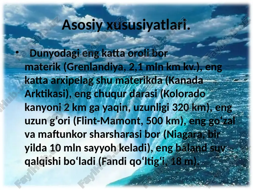 iy amerikani alyaska deb atashgan. u 1798- yilda ruslar tomonidan monopoliyaga aylantirilgan va "rus amerikasi" nomi bilan atala boshlangan. 1867- yilda alyaska aqshga sotib yuborilgan, geologik tuzilishi shimoliy amerika bilan yevrosiyo qadimgi lavraziya quruqligining tarkibiy qismi bo‘lgan. mezozoy erasining boshlarida shimoliy amerika yevrosiyodan ajralgan. so‘nggi 1 mln yil davomida yevrosiyo bilan shimoliy amerika bir-biridan 40 km masofa uzoqlashgan. materikning tekislik qismi qadimgi platformaga mos keladi. uning ustida kaynozoy erasining cho‘kindi tog‘ jinslari qatlamlanib joylashgan. tog‘lar (kordilyera, qoyali tog‘lar, appalachi) kaledion , gersen , mezozoy tog‘ burmalanishlari da ko‘tarilgan. lekin alp burmalanishi da yoshargan. tekisliklarda, asosan, cho‘kindi tog‘ jinslari uchrasa, tog‘li o‘lkalarda magmatik va metamorfik tog‘ jinslari tarkib topgan. g‘arbiy tog‘li mintaqada halokatli zilzilalar bo‘lib, vulqonlar otilib turadi. foydali qazilmalari. shimoliy amerika foydali qazilmalarga boy. magmatik va metamorfik jinslardan tuzilgan tog‘ va yassitog‘liklarda temir, uran, mis, nikel, oltin, kumush konlari bor. ayniqsa, appalachi tog‘lari rudali qazilmalarga boy. cho‘kindi tog‘ jinsi qatlamlarida …