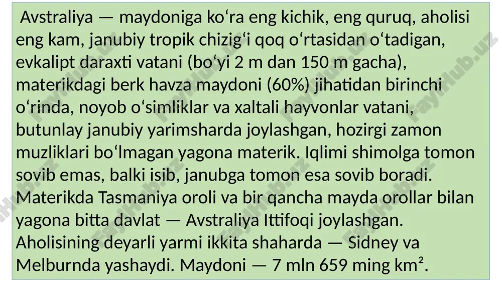 ishda gondvana materigining bir qismi bo‘lgan. mezozoy erasining oxiriga kelib avstraliya mustaqil materik tariqasida shakllandi. materik asosini qadimgi qattiq va mustahkam platforma tashkil etadi. u hind-avstraliya litosfera plitasining bir bo‘lagidir. platformaning mustahkam kristalli zamini materikning shimolida, g‘arbida va markaziy qismlarida yer yuzasiga chiqib yotadi. sharqiy qismidagi katta suvayirg‘ich tizmasi gersin tog‘ burmalanishida ko‘tarilgan. keyingi tektonik harakatlar natijasida yangi gvineya, tasmaniya materik orollari quruqlikdan ajralib qolgan. foydali qazilmalari. avstraliya foydali qazilmalarga boy. ayniqsa, kristall jinslardan iborat platformaning zaminida temir, mis, qo‘rg‘oshin, rux, uran rudalari, qalay, oltin, platina kabi rudali qazilmalar joylashgan. cho‘kindi jinslar bilan qoplangan hududlarda fosforit, osh tuzi, toshko‘mir va qo‘ng‘ir ko‘mir, neft, tabiiy gaz tarkib topgan. avstraliya temir va rangli metallar — boksit, qo‘rg‘oshin, rux, nikel hamda uran zaxiralari bo‘yicha dunyoda yetakchi o‘rinda turadi. materikda toshko‘mir konlari janubi-sharqda uchraydi. relyefi. materikning relyefi afrika relyefiga o‘xshash, lekin nisbatan oddiy. uning zaminida avstraliya platformasi joylashgan. materikning 95% hududi pasttekislik va yassitog‘liklardan, …