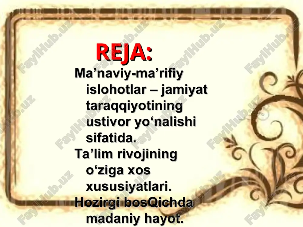 muvaffaqiyatli o‘tkazish, ijtimoiy-siyosiy, ma’naviy-iqtisodiy islohotlarni amalga oshirish uchun jahon andozalari darajasida bilim olgan iste’dodli, ruhan barkamol yosh milliy kadrlar zarurdir. «umid» jamg‘armasining o‘z oldiga qo‘ygan eng katta maqsadi ham xalq xo‘jaligining nufuzli tarmoqlarini yuqori malakali mutaxassislar bilan ta’minlashdan iborat bo‘ldi. hozirgi kunda o‘zbekistonlik talabalar o‘z tanlagan ixtisosliklari bo‘yicha aqsh, buyuk britaniya, germaniya va yaponiyaning jahonga mashhur oliy o‘quv yurtlariga muvaffaqiyat bilan shug‘ullanmoqdalar. har qanday sharoitda ham barcha millat va xalqlar o‘zining ma’naviy ehtiyojlarini qondirishga muhtojlik sezadi. ma’naviyat – inson uchun mavjudlik belgisi. ma’naviy boylik – u yoki bu millatni boshqa etnik birikmalardan o‘ziga xosligini bildiruvchi, anglatuvchi muhim omildir. ma’naviyati yo‘q xalqning o‘zi yo‘q. shu bilan birga har bir xalq ma’naviyati ham bir xil darajada emas.