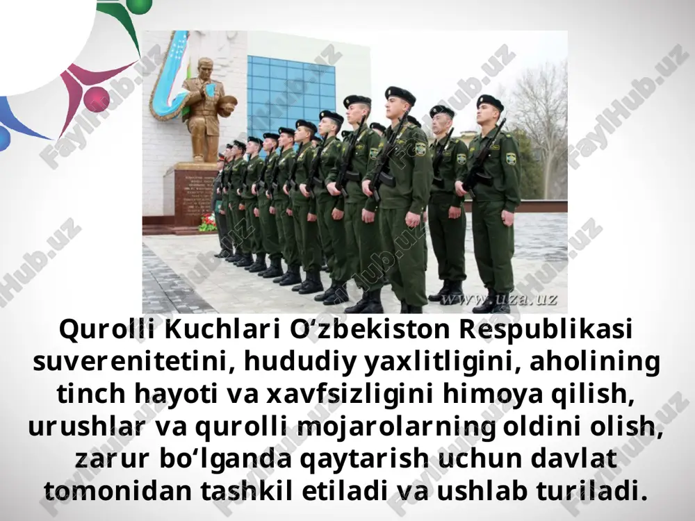 ida yoshlar ittifoqi birlamchi bo‘linmalari tuzildi. bu vazifalarning bajarilishini ta’minlash maqsadida “yoshlarni harbiy vatanparvarlik ruhida tariyalash to‘g‘risida”gi vazirlar mahkamasining 2018-yil 23- fevraldagi qarori qabul qilindi. yoshlarni harbiy vatanparvarlik ruhida tarbiyalash konsepsiyasining mazmunini ona vatanimizni ko‘z qorachig‘idek asrash, uning shuhratini dunyoga tarannum etish, o‘zbekistonning haqiqiy vatanparvar fuqarolarini voyaga yetkazish tashkil etadi. yoshlarni harbiy vatanparvarlik ruhida tarbiyalash konsepsiyasida belgilanganidek, o‘z tanlagan kasbingizni puxta egallashingiz va yetuk mutaxassis bo‘lib, yetishish uchun bo‘sh vaqtni mazmunli o‘tkazishingiz lozim. savol va topshiriqlar: 1. qurolli kuchlar qanday davlat tashkiloti hisoblanadi? 2. qurolli kuchlar tarkibi nimalardan iborat? 3. qurolli kuchlarga rahbarlikni kim amalga oshiradi? 4. kimlar harbiy xizmatga chaqiriladi? 5. yoshlarni harbiy vatanparvarlik ruhida tarbiyalash konsepsiyasi nima maqsadda qabul qilindi? 6. konsepsiyaning bosqichlari va vazifalarini izohlab bering. 7. amir temur qaysi shartlar asosida yigitlarni navkarlikka tanlab olgan? 8. siz vatanni himoya qilish va haqiqiy askar bo‘lish uchun o‘zingizni qanday tayyorlashingiz kerak? image2.jpeg image3.jpeg image4.jpeg image5.jpeg image6.png image7.jpeg image8.jpeg …