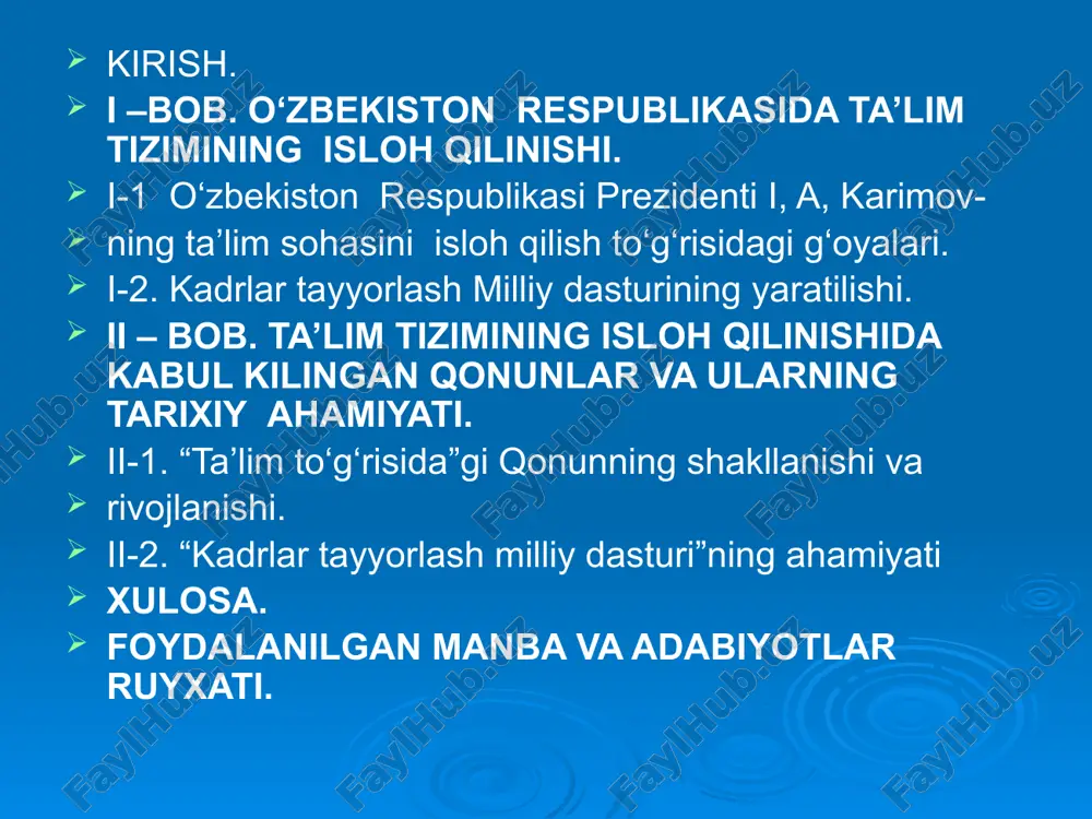sbu bitiruv malakaviy ishining mavzusi sifatida tanlab oldik tadqiqotning maqsad va vazifalari. bitiruv malakaviy ishining asosiy maqsadi mustaqillik yillarida ta’lim tizimidagi islohotlarni asosiy xususiyatlarini o’rganish va istiqlol davrida amalga oshirilgan o’zgarishlarni tahlil etishdan iboratdir. ushbu masaladan kelib chiqqan holda quyidagi vazifalar belgilandi: o’zbekiston respublikasi prezidenti i.karimovning ta’lim sohasini isloh qilish to’g’risidagi fikr va g’oyalarini o’rganish va yosh avlod ongiga singdirish; a islohotlar mohiyatini ochib berish; o’zbekiston mustaqilligi arafasida ta’lim muammolari masalalarini tahlil qilish; mutaqillik yillarida ta’lim va tarbiya sohasidagi islohotlarning mexanizmi va istiqbolini o’rganish; ta’lim to’g’risidagi huquqiy va me’yoriy hujjatlarning tahil qilish va mohiyatini hayotga tadbiq etish; ta’lim tizimidagi islohotlarda mavjud muammolarni ilmiy jihatdan o’rganish va tahil qilish natijasida olingan xulosalardan kelib chiqib, ilmiy hamda amaliy taklif hamda tavsiyalar berish. tadqiqot ob’ekti va predmeti. o’zbekistonning istiqlol yillarida ta’lim tizimidagi islohotlarnining natija va muammolarini mamlakatimiz misolida o’rganish tadqiqot ob’ekti sifatida olingan. ta’lim tizimining tarbiya bilan bog’liqligi va islohotlarning huquqiy-me’yoriy jihatlarini ilmiylik, …