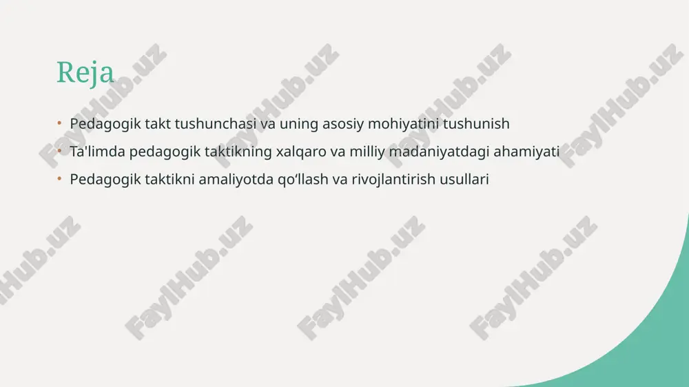 ajarish uchun muhimdir. bu elementlar orqali o‘quv jarayonining muvofiqligi ta’minlanadi. 2 kommunikatsiya usullari effektiv pedagogik taktda kommunikatsiya muhim rol o‘ynaydi. o‘qituvchi va talabalar o‘rtasidagi ochiq va tushunarli muloqot, motivatsiya va fikr almashishni ta’minlaydi. 3 shaxsiy yondashuv har bir talaba individual ehtiyojlar va qobiliyatlariga asoslangan yondashuvni talab qiladi. bu element yordamida o‘qituvchi talabaning rivojlanishini qo‘llab-quvvatlaydi. 4 o‘quv metodlari pedagogik taktikda turli o‘quv metodlari va texnologiyalari muhim ahamiyatga ega. ular yordamida darslar qiziqarli, samarali va interaktiv bo‘lishi ta’minlanadi. pedagogik taktik va pedagogik madaniyat o'rtasidagi bog'liqlik 1 madaniyat va qadriyatlar pedagogik madaniyat, o'qituvchilarning axloqi, yondashuvi va madaniy qadriyatlar bilan shakllanadi. pedagogik taktika esa bu madaniyatga asoslangan holda, muhitga moslashadi va rivojlanadi. 2 tashkiliy madaniyat tashkiliy madaniyat o'qituvchilar va talabalarning o'zaro muloqoti, hamkorligi va muhitga bo'lgan munosabatlarini ifodalaydi. pedagogik taktika bu madaniyatni mustahkamlashda muhim rol o'ynaydi. 3 shaxsiy madaniyat har bir o'qituvchining shaxsiy madaniyati, uning pedagogik yondashuvi va uslublariga ta'sir qiladi. pedagogik taktik bu …