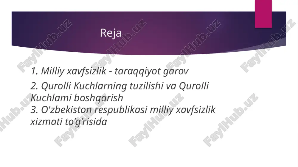 berildi. o'zbekistonda demokratik o`zgarishlarni yanada chuqurlashtirish va fuqarolik jamiyati asoslarini shakllantirishning asosiy yo'nalishlari shuning uchun bu xavfga qarshi kurash yo'llari haqida prezident o'zining bir necha nutqlarida to'xtalgan. mamlakat mudofaasi, xavfsizlikni tashkil etish birgina davlatning ishi emas. albatta, bunda davlat asosiy rol o'ynaydi. u mamlakatdagi barcha kuchlarni mudofaa va xavfsizlikni ta'minlashga safarbar qiladi. shu maqsadda fuqarolar mudofaasi tashkil qilinadi. bu ishga fuqarolar o'rgatiladi, ko'niktiriladi. o'zbekistonda “fuqaro muhofazasi to'g'risida” maxsus qonun mavjud bo'lib, unda fuqarolar muhofazasini tashkil etish bilan bog'liq barcha masalalar huquqiy jihatdan hal qilingan. milliy xavfsizlikni ta'minlashda mavjud xavf-xatarni oldindan aniqlash, uni bartaraf etish choralarini oldindan ko'rib qo'yish juda katta foyda keltiradi. shuning uchun mamlakatimizda xalqaro masalalar, bo'lajak xavf - xatarlarni o'rganish , tadqiq qilish maqsadida yetarli tuzilmalar tashkil qilingan. milliy xavfsizlikni ta'minlashda mamlakat prezidenti huzurida tuzilgan maslahat organi - xavfsizlik kengashi katta rol o'ynaydi. u milliy xavfsizlik bilan bog'liq barcha masalalarni ishlab chiqish va muvofiqlashtirishni ta'minlaydi, shunga mas'uldir. image1.jpeg