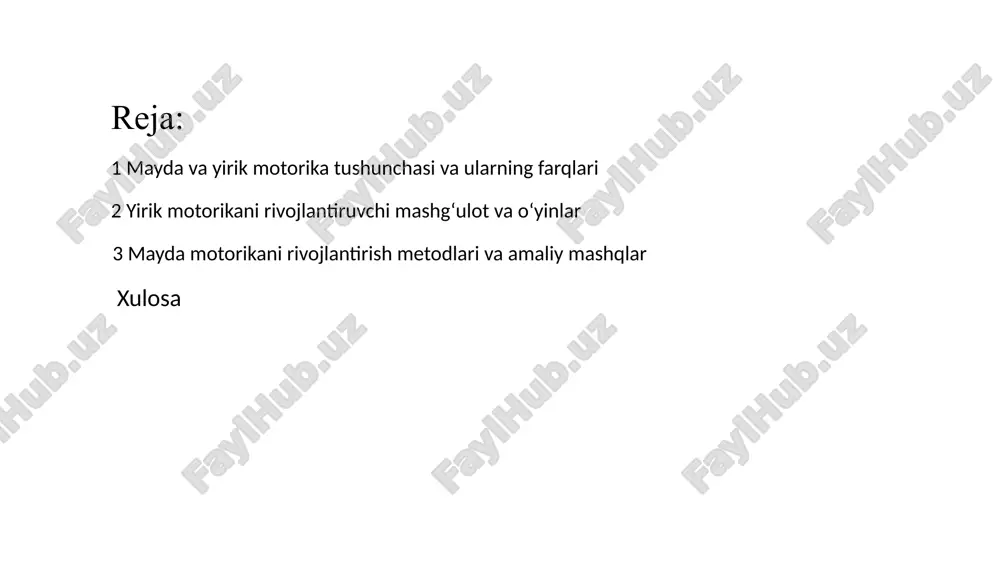 aning barmoq harakatlarini rivojlantiradi. tugma va bog'ichlar kiyimlardagi tugmalarni taqish, bog'ichlarni bog'lash va fermuarlarni yopish kundalik hayot ko'nikmalarini kuchaytiradi. loy va plastilin loydan shakllar yasash, qolipga solish bolaning barmoq mushaklarini mustahkamlaydi va ijodkorlikni oshiradi. bu o'yinlar bolaning diqqatini, xotirasini va nutqini rivojlantirib, qo'l-ko'z koordinatsiyasini yaxshilaydi. "qo‘l barmoqlari gimnastikasi" kabi mashqlar barmoqlar harakatini boshqarishga yordam beradi. 4 yirik motorikani rivojlantirish usullari yugurish va sakrash ochiq havoda erkin yugurish, arqon o'ynash va sakrash mushaklarni mustahkamlaydi. muvozanat mashqlari bir oyoqda turish, tor yo'l ustida yurish va zinadan chiqish-tushish muvozanatni yaxshilaydi. to‘siqlardan o'tish bolalar maydonchasidagi to'siqlardan sakrash, emaklab o'tish kabi faol o'yinlar koordinatsiyani oshiradi. top o'yinlari katta to'plarni uloqtirish, tepish va ushlash butun tana harakatlarini sinxronlashtiradi. jismoniy mashqlar orqali bolalarning mushaklari mustahkamlanadi, chidamliligi va koordinatsiyasi oshadi, bu esa ularning umumiy jismoniy rivojlanishi uchun muhimdir. 5 davlat siyosati va maktabgacha ta'limdagi motorika rivojlanishi o‘zbekiston respublikasi prezidenti sh. mirziyoyevning maktabgacha ta'limni rivojlantirish bo‘yicha qarorlari asosida bolalarning …