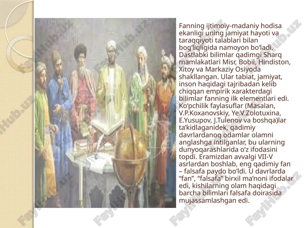 ga xos tomonlari, ilmiy bilimlarni hosil qilish jarayoni – ilmiy tadqiqot, uning mazmun-mohiyati, yangi bilimlarni qo‘lga kiritish yo‘llari, usullari bilan tanishamiz. ilmiy bilish kundalik klasssik fanning shakllanishida nikolay kopernikning “osmon sferalari xarakati” asarida asoslangan olamning tuzilishi tugrisidagi geliotsentrik nazariya aloxida axamiyat kasb etdi. nikolay kotornik yer - koinot markazi emas, u venera, merkuriy, mars vaboshka planetalar bilan birga kuyosh atrofida xarakatlanadi; yer kuyosh sistemasiga kiruvchi planetalardan biri, degan xulosaga keldi. uning karashlarini keyinchalik italyan olimi jornado bruno (1548-1660) rivojlantirdi. klassik fan asosan tabiat xodisalarini tajriba yordamida urganishga asoslangan edi. klassik fanning shakllanishida nyuton kashf kilgan butun olam tortilish konuni aloxida urin tutadi. bu davrda matematika, fizika, biologiya fanlari rivojlandi, mexanika qonunlari kashf qilindi. ma’lumki, olam va odam haqidagi dastlabki bilimlar falsafa fani doirasida shakllangan va mujassamlashgan. qadimiy yunon faylasufi aristotel barcha bilimlarni ularni qo‘llash xususiyatlariga ko‘ra uchga bo‘lgan: fanlar ilmiy bilimlarni tizimga tushirish asosida shakllanadi. ilmiy bilimlarni tizimga tushirish tarixi …