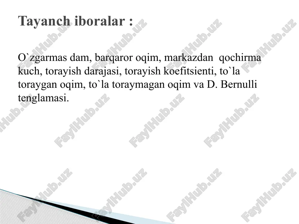 di. oddiy hollarda katta idishning kichik teshikchasidan chiqib ketayotgan suyuqlik to`la toraygan bo`lib, uning torayish koeffitsienti epselon = 0,61 -0,63 teng. 3.teshikdan chiqayotgan suyuqlik tezligini aniqlash. teshikdan chiqayotgan suyuqlik tezligini aniqlash uchun idishdagi suv sathining kesmasi 1-1 va idish teshigidan chiqayotgan suyuqlikni eng tor joydagi kesmasi 2-2 lar uchun d.bernulli tenglamasini yozamiz. teshikdan chiqayotgan suyuqlik tezligini aniqlash uchun idishdagi suv sathining kesmasi 1-1 va idish teshigidan chiqayotgan suyuqlikni eng tor joydagi kesmasi 2-2 lar uchun d.bernulli tenglamasini yozamiz. taqqoslash tekislik sifatida idish teshigi markazidan o`tgan tekislikni olib, 1-1 va 2-2 kesmalardagi tezliklar tekis harakatda, ya'ni a1 =a2 = 1,0 deb qabul qilsak d. bernulli tenglamasi quyidagi ko`rinishga ega bo`ladi: image2.png image3.png image4.png image5.png image6.png image7.png image8.png image9.jpeg image10.wmf image11.png oleobject1.bin image12.png image13.png image14.png image15.png image16.png image17.png image18.png image19.png image20.png image21.png image22.emf image23.emf image1.jpeg gz q 2 0 w m = 1  idish yuzasi undagi teshikcha yuzasiga nisbatan juda katta …