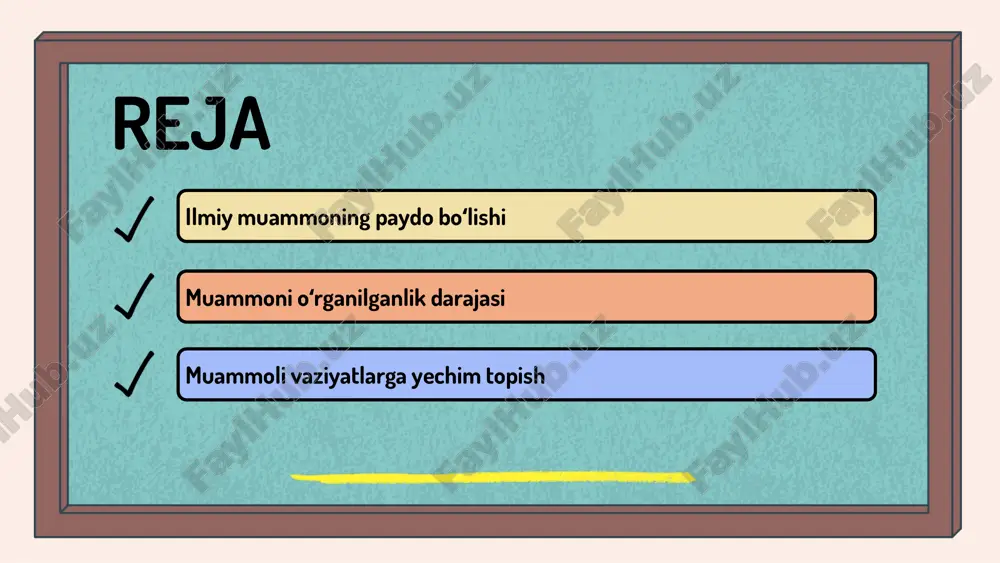 nishlarni talab qiladi. 2. muammoli vaziyatlar esa, kundalik hayotdagi muammolarni ifodalaydi. 3. ilmiy muammolar ilmiy nazariyalar va metodologiyalar asosida yechilsa, muammoli vaziyatlar amaliy yechimlarni talab qiladi. 4. ilmiy muammolar keng ko'lamli bo'lib, muammoli vaziyatlar ko'proq individual yoki lokal ahamiyatga ega. - muammoli vaziyatlarning o'ziga xos xususiyatlari: muammoli vaziyatlar ko'pincha noaniqlik va murakkablik bilan tavsiflanadi, ijodkorlik va strategik fikrlashni talab qiladi. - muammoli vaziyatlar misollari: 1. yangi mahsulot yaratish jarayonida yuzaga keladigan marketing muammolari. 2. o'rta maktabda o'quvchilar o'rtasida munosabatlarni yaxshilash uchun olib boriladigan tadbirlar. ilmiy muammolarni hal qilish jarayoni ilmiy muammoni hal qilish jarayoni quyidagi qadamlarni o'z ichiga oladi: 1) muammoni aniqlash; 2) ma'lumot to'plash; 3) tahlil qilish; 4) hal qilish usulini tanlash. muammoni hal qilishda turli usullar qo'llaniladi. misol uchun, eksperimentlar o'tkazish orqali muammolarni chuqurroq tushunish, yoki matematik modellarni yaratish orqali yechimlar topish mumkin. muammoni hal qilishdan oldin quyidagi jihatlar o'rganiladi: 1) muammoning sabablari; 2) mavjud ma'lumot va resurslar; …