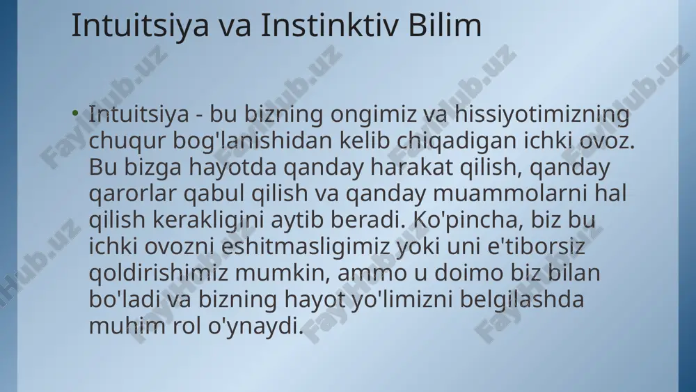izni dam olishga va ongsiz fikrlash jarayonlarini faollashtirishga imkon beradi. meditatsiya meditatsiya ongni tinchlantirishga va ichki ovozni eshitishni osonlashtirishga yordam beradi. tabiatda vaqt o'tkazish tabiatda vaqt o'tkazish bizning ongimizni tinchlantirishga va intuitsiyamizni faollashtirishga yordam beradi. intuitsiya va qarorlar qabul qilish intuitsiya bizga qarorlar qabul qilishda yordam beradi. bu bizga qandaydir his, tuyg'u yoki ichki ovoz orqali qaysi yo'lni tanlashimiz kerakligini aytib beradi. ko'pincha, biz intuitiv sezgini e'tiborsiz qoldirganimizda, keyinchalik bu qarorlarga afsuslanishimiz mumkin. siz qandaydir muammo bilan duch kelasiz. bu muammoga bo'lgan his-tuyg'ularingizni va ichki ovozni eshitayotganingizni ta'riflang. 1 muammo 2 qaror 3 natija siz intuitiv ravishda to'g'ri deb hisoblagan qarorni qabul qilasiz. qarorning tafsilotlarini va uni qabul qilishning ichki sabablarini tavsiflang. qaroringizning natijalarini tahlil qiling. natijalar sizning intuitiv sezgingiz bilan mos keladimi yoki yo'qmi? natija qanday hissiyotlarni keltirib chiqardi? 5 intuitsiya va ehtimollar intuitsiya bizga muayyan holatlarda qandaydir voqea sodir bo'lish ehtimolini his qilishga yordam beradi. ko'pincha, biz intuitiv …