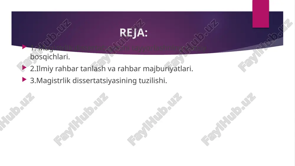 keyin belgilanadi, kafedra majlisida muhokama qilinadi va tasdiqlanadi. magistrlik ishini bajarish jarayonida mavzuni oydinlashtirish zarurati tug‘ilsa, bunday imkoniyat kafedra majlisida tegishli ma’qullangandan so‘ng, lekin malakaviy ishni himoya qilishdan oldin bir oydan kechiktirmay beriladi talabaning magistratura ishiga rahbarlik qilish uchun kafedra tomonidan ilmiy rahbar tayinlanadi. ushbu faoliyat uchun ilmiy daraja va unvonlarga ega bo'lgan o'qituvchilar jalb qilingan. zarur hollarda magistrlik dissertatsiyasi rahbari etib boshqa ta’lim yoki ilmiy muassasaning xodimi tayinlanishi mumkin. murakkab masalalar yoki bo'limlarni hal qilish uchun maslahatchilar jalb qilinishi mumkin. supervisor talabaga yordam beradi: magistrlik dissertatsiyasi mavzusini tanlang va uni toʻgʻri tuzing. axborot va tadqiqot manbalarini aniqlang. magistrlik dissertatsiyasining namunasini toping. ishlarni tegishli talablarga muvofiq bajaring va tartibga soling. dissertatsiya mavzusiga aniqlik kiritilishi mumkinrahbar yoki maslahatchi tashabbusi bilan, lekin uni himoya qilishdan kamida bir oy oldin taklif qilingan magistrlik dissertatsiyasiga qoʻyiladigan talablar ilmiy rahbarning vazifalarini ham oʻz ichiga oladi. shunday qilib, u nazoratni amalga oshiradi: talabalarning ish jadvaliga rioya …