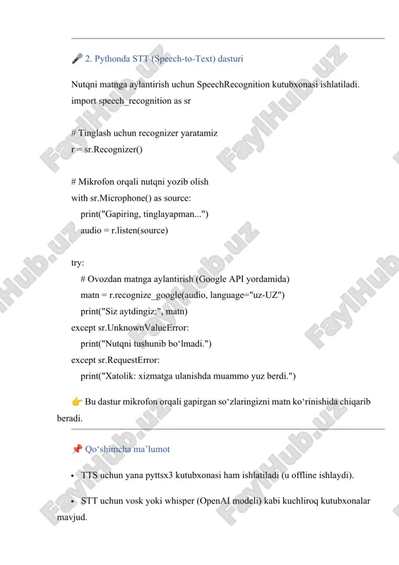 chun yana pyttsx3 kutubxonasi ham ishlatiladi (u offline ishlaydi). · stt uchun vosk yoki whisper (openai modeli) kabi kuchliroq kutubxonalar mavjud. · gtts va speechrecognition esa sodda o‘quv dasturlari uchun juda qulay.