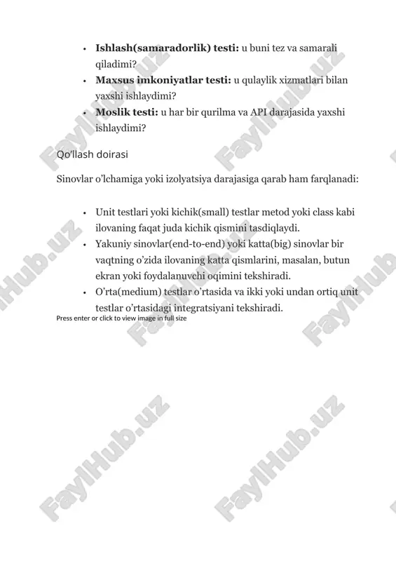 iy dasturda sinov doiralari sinovlarni tasniflashning ko’plab usullari mavjud. biroq, dastur ishlab chiquvchilari uchun eng muhim farq bu testlar qayerda o’tkazilishi. lokal va instrumental(asbobli) sinov usullari testlarni android qurilmasida yoki boshqa kompyuterda o’tkazishingiz mumkin: · instrumental testlar android qurilmasida yoki emulatorlarda ishlaydi. ilova buyruqlarni kiritadigan va holatni o’qiydigan sinov ilovasi bilan birga qurilgan va o’rnatiladi. instrumental testlar odatda ui testlari bo’lib, ilovani ishga tushiradi va keyin u bilan o’zaro ishlaydi. · lokal testlar ishlab chiqish mashinangizda yoki serveringizda amalga oshiriladi, shuning uchun ular xost tomoni testlari deb ham ataladi. ular odatda kichik va tezkor bo’lib, sinovdan o’tayotgan mavzuni ilovaning qolgan qismidan ajratib turadi. press enter or click to view image in full size har xil turdagi asboblar sinovlari barcha unit testlari lokal emas va barcha testlar qurilmada ishlab ko’rib bo’lmaydi. misol uchun: katta lokal test: robolectric kabi lokal darajada ishlaydigan android simulyatoridan foydalanishingiz mumkin. get sanjar suvonov’s stories in your …
