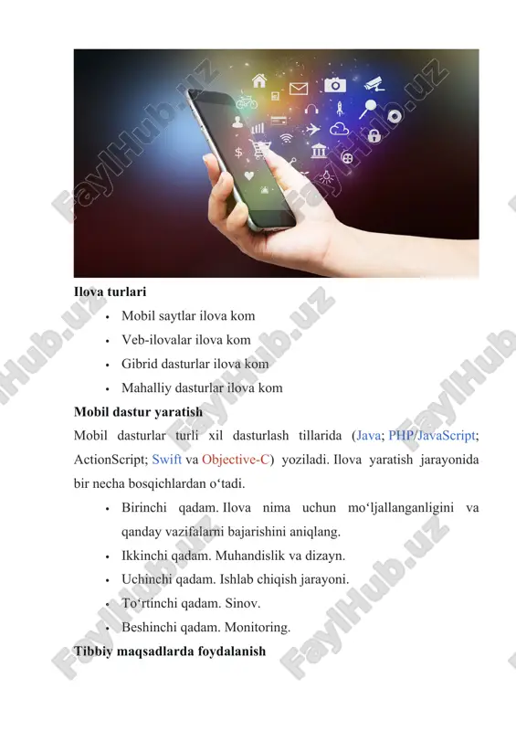 chiqarishingiz kerak), yurak urishini oʻlchashingiz va mikrofluidli dasturlar yordamida qon yoki tana suyuqligini tahlil qilishingiz mumkin. u oftalmoskop sifatida ishlatilishi mumkin va nozul yordamida uni otoskopga aylantirish mumkin.[4]. mobil ilova tushunchasi zamonaviy axborot texnologiyalarining eng muhim yo‘nalishlaridan biri hisoblanadi. mobil ilova – bu smartfon, planshet va boshqa ko‘chma qurilmalarda ishlash uchun mo‘ljallangan dasturiy ta’minot bo‘lib, foydalanuvchilarga turli xil vazifalarni bajarishda qulaylik yaratadi. masalan, ijtimoiy tarmoqlar, messenjerlar, o‘yinlar, ta’limiy dasturlar, elektron tijorat ilovalari yoki bank xizmatlari uchun mo‘ljallangan mobil ilovalar hayotimizni sezilarli darajada yengillashtirmoqda. mobil ilovalar mobil operatsion tizimlar (android, ios, windows phone va boshqalar) uchun maxsus ishlab chiqiladi va ular qurilmaning funksiyalaridan (kamera, gps, akselerometr, sensorlar) faol foydalanadi. mobil ilovalarni yaratish texnologiyalari va vositalari bir nechta yo‘nalishga bo‘linadi. eng ko‘p qo‘llaniladigan usullardan biri – native development, ya’ni operatsion tizimning o‘ziga xos dasturlash tili va vositalaridan foydalanib ishlab chiqishdir. masalan, android uchun java yoki kotlin tili, ios uchun esa swift yoki …