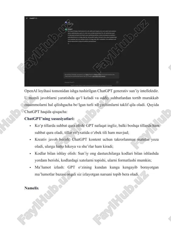 kengayib borayotgan ma’lumotlar bazasi orqali siz izlayotgan narsani topib bera oladi. namelix namelix – bu yangi biznes yoki brendni nomlash kabi vazifalarni soddalashtirish uchun mo‘ljallangan sun’iy intellekt texnologiyasi. ilg‘or algoritmlar sababli namelix qisqa va esda qolarli nomlarni yaratishga ixtisoslashgan. tadbirkorlar, startaplar va marketologlar uchun juda mos bo‘lgan ushbu vosita bozorda ajralib turadigan o‘ziga xos nom topish muammosiga ijodiy yechim taklif etadi. namelix’ning xususiyatlari: · noyob nomlar: namelix noyob va jozibali biznes nomlarini yaratish uchun eng zamonaviy sun’iy ong modellaridan foydalanadi; · filtrlar tizimi: foydalanuvchilar mukammal nomni qidirishda nom uzunligini belgilashi, kalit iboralarni kiritishi yoki domen kengaytmasini sozlashlari mumkin. fliki fliki – sun’iy intellekt yordamida video yaratishni soddalashtiradigan innovatsion dastur. u matnni sun’iy ong ovozlari bilan jozibali video kontentga aylantirish uchun mo‘ljallangan bo‘lib, kontent yaratuvchilar, marketologlar va o‘qituvchilar uchun ajoyib yechim hisoblanadi. fliki’ning xususiyatlari: · oson boshqaruv: fliki oddiy yozuv muharrirni taklif etadi, bu video yaratishni ijtimoiy tarmoqdagi yozishmalar kabi osonlashtiradi; …
