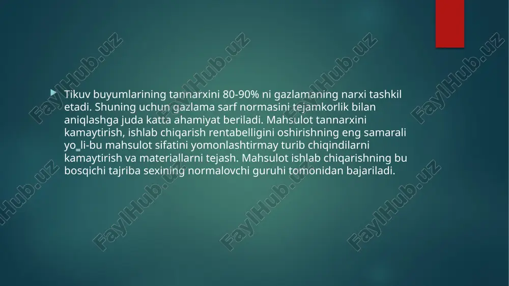 iloji boricha kamaytirish ko‗zda tutiladi. andazalar orasidagi chiqindilarni kamaytirishning asosiy omillaridan biri bir necha o‗lcham bo‗ydagi andazalarni birlashtirib bichishdir. o‗lcham va bo‗y shkalasi bo‗yicha har bir o‗lcham va bo‗ydagi tikuv buyumni ishlab chiqarish soni aniqlanadi. o‗lcham va bo‗y shkalasi aholini o‗lchash yo‗li bilan to‗ldiriladi. shkalada har bir o‗lcham va bo‗y uchun solishtirma ulushi ko‗rsatiladi. 1956 yilda antropologiya instituti xodimlari tomonidan har bir respublika va katta shaharlar uchun o‗lcham va bo‗ylar shkalasi tuzib chiqilgan. hozirgi vaqtda o‗lcham va bo‗ylarni solishtirma ulushi savdo tashkilotlari tomonidan aholining ehtiyoji asosida tuziladi. savdo tashkilotlari tikuv korxonalari bilan tuzgan shartnomada buyumning nomi, model nomeri, o‗lcham, bo‗y va to‗laligi, gazlamalar artikuli va ularning rangi, bezak materiallar turi, furnitura, buyum soni va o‗rtacha narxi ko‗rsatiladi. bundan tashqari keltirib berish sharti va muddati belgilanadi. shartnoma buyurtma-ro‗yxat shaklida rasmiylashtiriladi. savdo tashkilotlari tomonidan tushgan buyurtmalar asosida har bir modelga rejalashtirilgan muddatga umumiy buyurtma jadvali tuziladi. o‗lcham va bo‗ylar bo‗yicha barcha buyurtmalar …