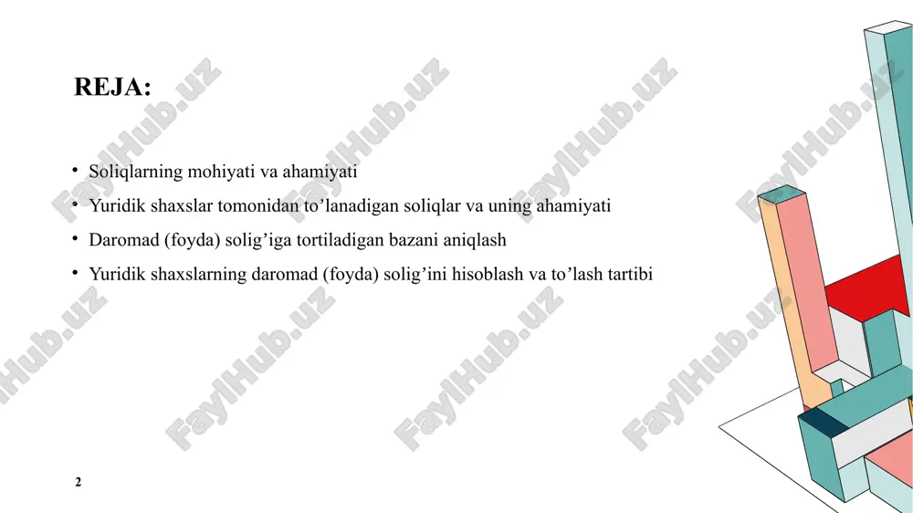 toʼlovchisi boʼlib, tovar isteʼmolchisi maydonga chiqadi, uning zimmasiga soliq narxda koʼzda tutilgan ustamalar orqali yuklanadi. soliq hisobining asosiy vazifalari quyidagilardir: yuridik shaxslar tomonidan soliqlar hamda majburiy toʼlovlarni oʼz vaqtida va toʼgʼri hisoblash; hisoblangan soliq va majburiy toʼlovlarni davlat byudjeti hamda davlatning maqsadli fondlariga oʼz vaqtida toʼlanishini taʼminlash; soliqlar va majburiy toʼlovlar boʼyicha belgilangan imtiyozlardan keng foydalanish. umumdavlat soliqlariga quyidagilar kiradi: yuridik shaxslardan olinadigan daromad (foy- da) soligʼi; mahalliy soliqlar va yigʼimlarga quyidagilar kiradi: mol-mulk soligi; jismoniy shaxslardan olinadigan daromad soligi; qoʼshilgan qiymat soligʼi, aktsiz soligʼi; yer osti boyliklaridan soliq; ekologiya soligʼi; foydalanganlik uchun yer soligʼi; infratuzilmani rivojlantirish soligʼi va hokazolar. suv resurslaridan foydalanganlik uchun soliq istisnolar - bu ayrim predmet (obʼekt)larni soliqdan ozod qilishga qaratilgan imtiyozlardan iborat. masalan, nogironlar uchun jihozlar ishlab chiqaruv chi, ishlovchilar sonining ellik foizdan ortigʼi nogironlar boʼlgan korxonalarning daromad (foyda) soligʼidan ozod qilinishi. istisno tariqasidagi imtiyozlar egri soliqlarga ham, barcha soliq toʼlovchilarga yoki ularning muayyan toifasiga …