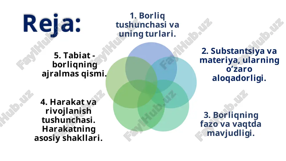 er va suv platon g‘oya sharq mutafakkirlarini fikricha, borliq forobiyning fikricha “vujudi vojib” barcha mavjud yoki paydo bo‘lishi mumkin bo‘lgan narsalarning birinchi sababi “vujudi mumkin” esa doimo o‘zgarishda, ziddiyatli munosabatlarda bo‘lib, unda barcha narsalar oddiydan murakkabga, tartibsizlikdan tartiblilikka qarab harakat qiladi ibn sino fikricha borliqning asosi “vujudi vojib” ya’ni ollohdir. vujudi vojib bu birinchi mohiyat. uning mavjudligi sababini boshqa narsalardan qidirish noo‘rin. chunki birinchi sabab uning natijasi bo‘lgan xilma xil jarayonlarning mohiyatiga bog‘liq bo‘la olmaydi modda (al-modda) shakl (as-surat); jon (an-nafs); faol aql (al-aql al-faol); (sababi - soniy) - samoviy jismlar borlig'i; (sababi-avval) - xudo; 6-sabab 5-sabab 4-sabab 3-sabab 2-sabab 1-ilk sabab abu nasr forobiy yagona borliqni 6 bosqichdan iborat deb hisoblagan: substansiyaning o‘ziga xos xususiyatlari o‘z-o‘zining sababchisi hisoblanadi, uni yaratib va yo‘q qilib bo‘lmaydi hech narsaga bog‘liq bo‘lmagan, barqaror, o‘zgarmas va mutlaq birinchi negizni ifodalaydi birinchi negizning yagonaligini nazarda tutadi mohiyat va mavjudlikning birligini ko‘rsatadi barcha hodisalarning umumiy sababiy …