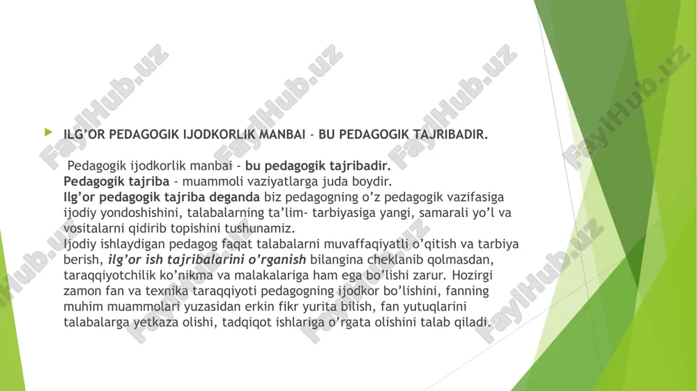 sa orqali emas, balki bilim, malaka, ko’nikma, odob–axloq, muomala, nutq, munosabat orqali o’zini namoyon qila olishdir. bunday professional o’qituvchi bo’lish uchun pedagog madaniyat ko’rsatkichlariga erishishi lozim. madaniyat atamasi lotincha bo’lib, u tuproqni ishlash ma’nosini bergan bo’lsa, hozirgi vaqtda esa, umumiy holda inson madaniyatni, jamiyatni qayta qurish faoliyati va uning natijasidir, deb tushuniladi. fanda madaniyat mohiyatiga uch xil qarash tushuniladi: aksiologik, faoliyatli va shaxsiy. aksiologik qarashda pedagogika va tarbiyadagi yo’nalishlar ko’rib chiqiladi. faoliyatli qarash pedagogik metodlar va vositalar mohiyatini amalga oshirishni tadbiq etish imkonini beradi. individual-shaxsiy rejada o’qituvchining pedagogik madaniyati uning kasbiy faoliyatidagi tavsifining mohiyatidan iborat, deb tushuniladi. o’qituvchining umumiy madaniyati uning ijtimoiy-ahamiyatli tavsiflarining kasbiy faoliyatda amalga oshgandagi yetukligini ifodalaydi. madaniyat shaxsning rivojlanishi, uning ruhiy kuchlari va qobiliyatlarining amaliy faoliyatida amalga oshish darajasi va hokazo. insonning madaniy rivojlanishi - bu uning bilimlari, ishonchlari, qobiliyatlari, hulqining muhit tomonidan rivojlanish jarayonidir. o’qituvchining kasbiy madaniyati uning kasbiy faoliyat doirasidagi, uning shaxsiy sifat tavsifining mohiyati-tizimli …