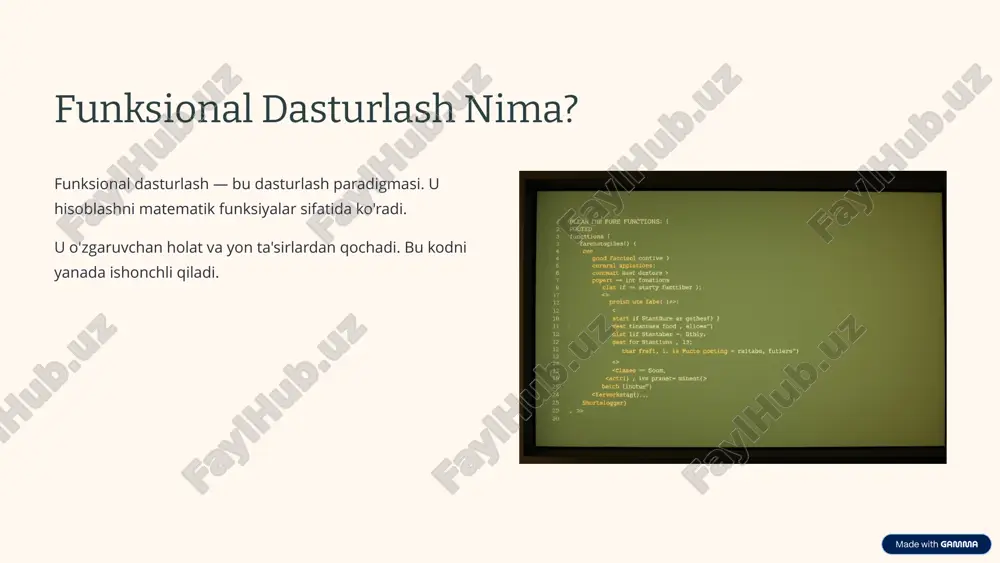 dasturlash tobora ommalashib bormoqda. 2 yangi tillarda ko'plab yangi tillar funksional xususiyatlarni o'z ichiga oladi. 3 katta tizimlar katta va murakkab tizimlarni yaratishda muhim rol o'ynaydi. 9 xulosa va keyingi qadamlar funksional dasturlash kodni yanada mustahkam va oson boshqariladigan qiladi. o'rganishni boshlash uchun onlayn kurslar va amaliy loyihalar tavsiya etiladi. 10 image1.png image2.png image3.png image4.png image5.png image6.png image7.png image8.png image9.png image10.png image11.png image12.png image13.png image14.png image15.png image16.png