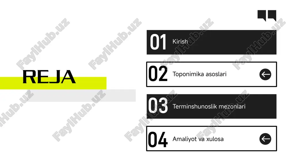 asosda harflarni bir-to'g'ri almashtirish. misol: ts → ts. iso-9, bgn/pcgn mezonlariga asoslanadi. 9 03 terminshunoslik mezonlari 10 geografik terminlar: tasnifi va standartlari milliy va xalqaro standartlarga muvofiq tasnif va mezonlar o'zdst o'zbekiston davlat standartlari. milliy geografik nomlarni rasmiy qayd etish va standartlashtirishni belgilaydi. milliy mezon iso 19112 xalqaro standart. geografik ko'rdinatalar va identifikatorlarni boshqarishni belgilaydi. xalqaro standart ungegn glossary bmt geografik nomlar guruhi. generic element, attribute, feature class atamalarini tavsiflaydi. xalqaro yo'riqnoma 11 grafik va semantik tahlil grafemik tuzilish terminning yozilish strukturasi, fonem-grafem moslamasi. ko'pma'no va bitta ma'noli sinonimlar, parallellik va inkor qilingan shakllar. morfosemantik barkamlilik yangi terminlarning xotirada saqlanish darajasi. 12 xududiy farqlar va dialektik nomlar farg'ona vodiysi fonetik va leksik o'ziga xosliklar. qashqadaryo & surxondaryo dialektik shakllarning ta'siri. qoraqalpog’iston turli til va madaniyat ta'siri. standartlashtirish milliy standartga moslashtirish yo'llari. mintaqaviy geografik nomlarning fonetik, leksik va morfologik farqlari va ularning yagona yozuvga olib kelish usullari. 13 04 amaliyot va …