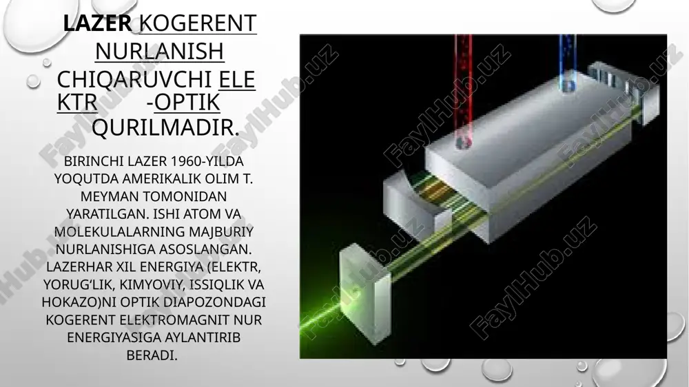 tronikaning koʻp sohalarida elektr tebranishlarini xosil kiladigan qurilmalar katta ahamiyatga ega. oʻzgarmas tok manbai energiyasini biror shakl va chastotali oʻzgaruvchan tok (kuchlanish) energiyasiga ay- lantirib beruvchi qurilma elektr signali generatori deb ataladi. ichki turtki taʼsirida uygonadigan generatorlar oʻz-oʻzidan tebranish xosil qiluvchi generator bulib, ular avtogenerator deb xam ataladi. tashqi turtki taʼsirida uygonadigan generatorlar, asosan, rezonans kuchaytirgichdan iborat boʻlib, aslida tebranish manbai boʻlmay, balki kam quvvatli signalni kuchaytirib beradi, xolos. tebranish shakliga qarab generatorlar garmonik va garmonik bulmagan relaksatsion tebranish generatorlariga ajratiladi. tebranishining shakli sinuslar (kosinuslar) ko- kuni buyicha oʻzgaradigan tebranish ishlab chiqaradigan generatorlar garmonik tebranish generatori deb, aks xolda esa, garmonik boʻlmagan relaksasion tebranish generatori deb ataladi. buger-lambert-ber qonuni (shuningdek, oddiygina buger qonuni) fizik qonun boʻlib, u yutuvchi muhitda tarqalayotgan parallel monoxromatik yorugʻlik nurlarining kuchsizlanishini belgilaydi. buger-lambert-ber qonuni 1729-yilda fransuz olimi pyer buger tomonidan eksperimental ravishda ochilgan, 1760-yilda nemis olimi i. g. lambert tomonidan batafsil oʻrganilgan va kontsentratsiyaga nisbatan 1852-yilda …