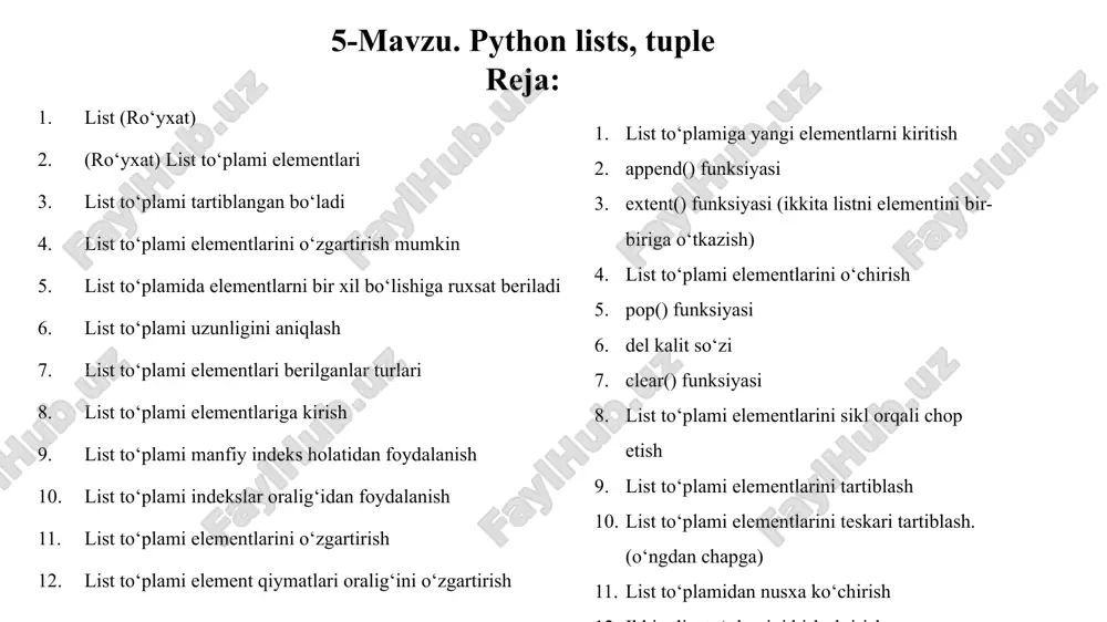 ega python dasturlash tilida list (ro`yxatlar) ro‘yxatlar (list) kvadrat qavslar [] yordamida tuziladi: python dasturlash tilida list (ro`yxatlar) list to‘plami elementlari tartiblangan holatda bo‘ladi va elementlarni o‘zgartirish mumkin va takroriy qiymatlarga ruxsat beriladi. list to‘plami elementlari indekslangan holatda bo‘ladi, birinchi element [0] indeksda, ikkinchi element [1] indeksga to‘g‘ri keladi. soddaroq tushintirganda, yuqoridagi suratda 3 ta element mavjud, olma elementi [0] indeksda turibdi, behi elementi [1] indeksda va gilos elementi [2] indeksda joylashgan. python dasturlash tilida list (ro`yxatlar) indekslash python dasturlash tilida list(roʻyxat) boshqa dasturlash tillaridagi (ruby, javascript, php) massivlarga oʻxshaydi. bu sizga sanab o‘tilgan elementlar to‘plamini bir joyda saqlash va indekslari bo‘yicha kirish imkonini beradi. misol: ranglar = ['qizil', 'yashil', 'havorang', 'sariq', 'oq', 'qora’] bu yerda biz ranglar ro‘yxatini aniqladik. ro‘yxatdagi har bir elementning qiymati (rang nomi) va indeksi (ro‘yxatdagi o‘rni) mavjud. python nolga asoslangan indekslashdan foydalanadi. bu shuni anglatadiki, birinchi element (qiymat "qizil") 0-indeksiga ega, ikkinchisi ("yashil" qiymat) indeks …