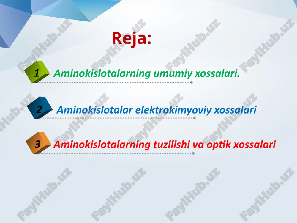 alarga yon zanjirida qo`shimcha karboksil guruhi bo`lib, kislotalik xususiyatini ta’minlaydigan aminokislotalar kiradi: aspartat kislota, glutamin kislota, tirozin, sistein. ishqoriy aminokislotalarga arginin, lizin, gistidin kirib, ular qo`shimcha aminoguruh, guanidin va imidazolli bo`lib, bular aminokislotada ishqoriy xususiyatni namoyon qiladi. aminokislotalar biologik yoki fiziologik ahamiyati bo`yicha ham 3 guruhga bo`linadi: 1. almashinmaydigan 2. yarim almashinadigan 3. almashinadigan almashinmaydigan aminokislotalar organizmda boshqa moddalardan sintezlanmaydi, shuning uchun ular doimo ovqat bilan birga tashqaridan kirib turishi kerak. umuman almashinmaydigan aminokislotalar soni 8 ta: valin, leysin, izoleysin, treonin, lizin, metionin, fenilalanin, triptofan. yarim almashinadigan aminokislotalar organizmda hosil bo`ladi, lekin yetarli miqdorda bo`lmaydi, shu sababli qisman ovqat bilan birga kirishi kerak. bunday aminokislotalarga arginin, tirozin, gistidin kiradi. almashinadigan aminokislotalar organizmda almashinmaydigan aminokislotalar yoki boshqa moddalardan yetarli miqdorda hosil bo`ladi. agar shu aminokislotalar sintezlanadigan moddalar oziq yordamida chetdan kirib tursa, organizm bu kislotalarsiz uzoq vaqt yashashi mumkin. almashinadigan aminokislotalarga qolgan barcha aminokislotalar kiradi. deyarli hamma aminokislotalar optik faoliyatga ega, …