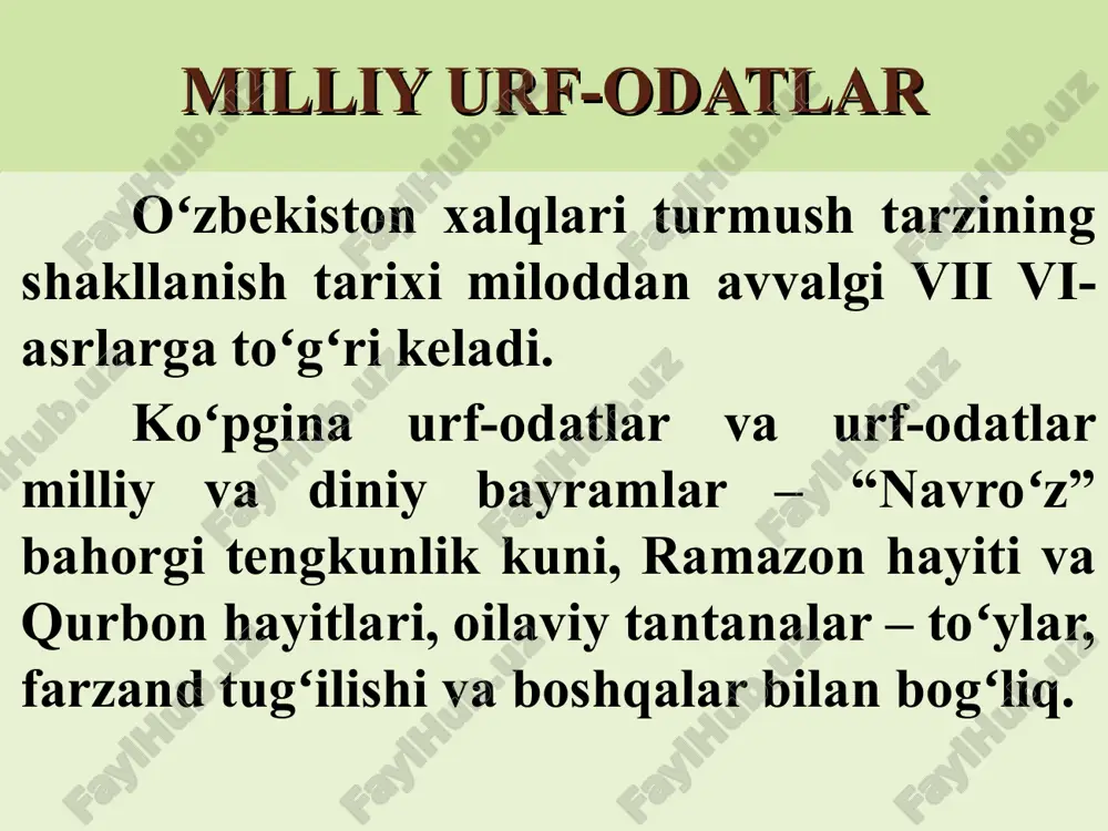 xalqlar yashaydigan hududlarida, bolqon yarimorolidagi davlatlarda jami 300 million aholi navro‘zni nishonlaydi. besh tashabbus o‘zbekiston respublikasi prezidenti shavkat mirziyoyev tomonidan 2019-yilning 19-mart kuni beshta muhim tashabbus ilgari surildi. bu – yoshlarni madaniyat, san’at va sportga keng jalb etish, ularda zamonaviy axborot texnologiyalaridan to‘g‘ri foydalanish ko‘nikmasini shakllantirish, kitobxonlik madaniyatini yuksaltirish, xotin-qizlar bandligini ta’minlash vazifalarini o‘z ichiga oladi. yoshlarga e’tiborni kuchaytirish, ularni madaniyat, san’at, jismoniy tarbiya va sportga keng jalb etish, ularda axborot texnologiyalaridan foydalanish ko‘nikmalarini shakllantirish, yoshlar o‘rtasida kitobxonlikni targ‘ib qilish, xotin-qizlar bandligini oshirish masalalariga bag‘ishlangan videoselektor yig‘ilishi bo‘lib o‘tdi. ma’lumki, bugungi kunda mamlakatimiz aholisining 30 foizini 14 dan 30 yoshgacha bo‘lgan yigit-qizlar tashkil etadi. ularning ta’lim olishi, kasb-hunar egallashi uchun keng sharoit yaratilgan. shu bilan birga, yoshlarning bo‘sh vaqtini mazmunli o‘tkazishni tashkil etish dolzarb masala hisoblanadi. yoshlar qanchalik ma’naviy barkamol bo‘lsa, turli yot illatlarga qarshi immuniteti ham shunchalik kuchli bo‘ladi. birinchi tashabbus yoshlarning musiqa, rassomlik, adabiyot, teatr va san’atning boshqa …