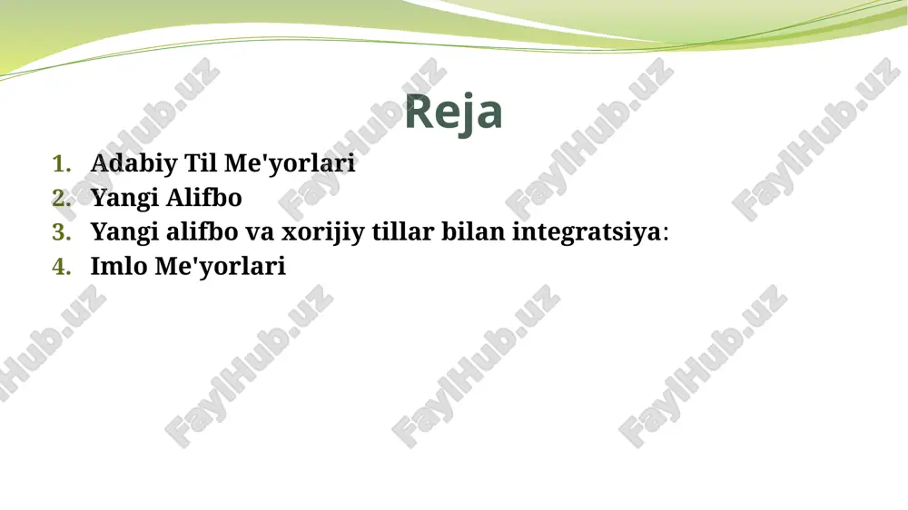 dan tortib, gap qurishning uslubiy xususiyatlariga qadar bo‘ladi. yangi alifbo yangi alifbo — bu 1993-yilda o'zbekistonda qabul qilingan yangi lotin alifbosiga asoslangan yozuv tizimidir. bu alifbo, o'zbek tilining xususiyatlariga moslashtirilgan va eski kiril alifbosidan farq qiladi. yangi alifboda o'zgarishlar quyidagilardir: harflarning soddalashishi: kiril alifbosidagi ba'zi harflar o'rnini yangilari egalladi. simplicity (soddalik): yangi alifbo yanada sodda va zamonaviy tarzda tuzilgan, ayniqsa, xorijiy tillar bilan o'zaro aloqalarni osonlashtirishga xizmat qiladi. yangi alifbo va u bilan bog‘liq qonunlar yangi alifbo joriy etilishi bilan yozuvda ba'zi so‘zlarning o‘zgarishi va yangi imlo me'yorlarining yaratilishi zarur bo‘ldi. misol uchun, eski "o'" harfi "o" bilan almashtirildi va "q" o‘rniga "q" harfi kiritildi. yangi alifbo va imlo me'yorlarining amaliy o‘rni: qarorlar va qonunlarni joriy etish: 1993-yilgi qarorlar va qonunlar asosida yangi alifbo va imlo me'yorlarini keng miqyosda joriy etish, avvalo ta’lim tizimida va yozuvda yangi yondashuvlarni talab qildi. xususan, o‘quvchilarni yangi alifbo asosida o‘qitish, imlo me'yorlarini to‘g‘ri o‘rgatish …