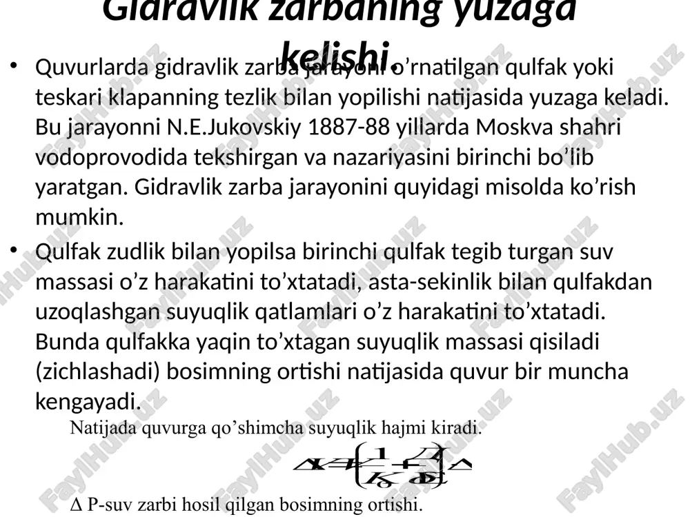 uzun bosim quvurlarida teskari klapan oldiga o‘rnatiladigan elastik demfper (so‘ndiruvchi) konstruksiyasini (o‘z.res. patenti № ) taklif qilishgan (rasm 4 ). ushbu elastik demfperning boshqalardan afzalligi shundan iboratki, uning konstruksiyasi nafaqat to‘g‘ri gidravlik zarbani, shuningdek teskari gidravlik zarbani ham so‘ndirish imkonini beradi. nasosning to‘xtash jarayonida turbina rejimi yuzaga kelishi bilan bosim quvuridagi 1 teskari klapan 2 yopiladi va prujinali zarbani so‘ndirish moslamasi 3 dagi teskari klapan 4 ochilishi natijasida to‘g‘ri gidravlik zarbaning kuchi so‘ndiriladi. suv oqimining teskari klapanga urilib orqaga qaytishi natijasida yuzaga keladigan teskari gidravlik zarba va vakuum prujinali zarbani so‘ndirish moslamasidagi bosim tufayli undagi suv oqimi vakuum yo‘qotish quvurchasi 5 orqali bosim quvuriga beriladi va vakuum yo‘qotiladi. nasosni to’xtatish jarayoni quyidagi bosqichlardan iborat: 1 – suv chiqarish inshootidagi qulfakning yoki vakuum yo’qotish klapanining ishga tushishi paytida naporning oshishi. 2 – dvigatelga znergiya berishning to’htatilishi (tormozlangan nasos rejimi) . bu paytda nasos vali aylanishlari soni kamayadi, suv oqimi tezligi nulga …