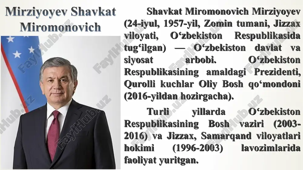 ati hokimi. 2001-2003-yillar mobaynida samarqand viloyati hokimi lavozimlarida ishladi. 1995-2003-yillarda oʻzbekiston respublikasi oliy majlisining deputati sifatida ham faoliyat olib bordi. 2003-yilda oʻzbekiston bosh vaziri etib tasdiqlandi va 2005, 2010, 2015-yillarda oliy majlis palatalari tomonidan ushbu lavozimga yana uch marta qayta tasdiqlandi. 2016-yil 2-sentabrda prezident islom karimovning vafot etishi munosabati bilan oliy majlis mirziyoyevni birinchi prezident dafn marosimini oʻtkazish boʻyicha komissiyaga rais etib tayinladi. 2016-yil 8-sentabrda prezident vazifasini bajaruvchi, oliy majlis senati raisi nigʻmatilla yoʻldoshev mamlakat rahbari vazifasini vaqtincha bajarish mas’uliyatini oʻzidan soqit qilib, oʻrniga mirziyoyevni tavsiya qildi. 2016-yil 19-oktabr kuni oʻzbekiston liberal demokratik partiyasining viii sʼezdi boʻlib oʻtdi. unda partiya siyosiy kengashi aʼzosi sh.mirziyoyev nomzodi prezidentlikka nomzod sifatida tasdiqlandi. 2016-yil 4-dekabr kuni boʻlib oʻtgan prezident saylovi yakunlari boʻyicha saylovchilarning 88,61 foiz ovozi bilan oʻzbekiston respublikasi prezidenti etib saylandi. 2016-yil 14-dekabrda inauguratsiya marosimidan so‘ng rasman oʻz vazifasini bajarishga kirishdi. 2021-yil 24-oktabrda 2-muddatga oʻzbekiston prezidenti etib saylandi. 6-noyabrda inauguratsiya marosimi boʻldi. 2023-yil …