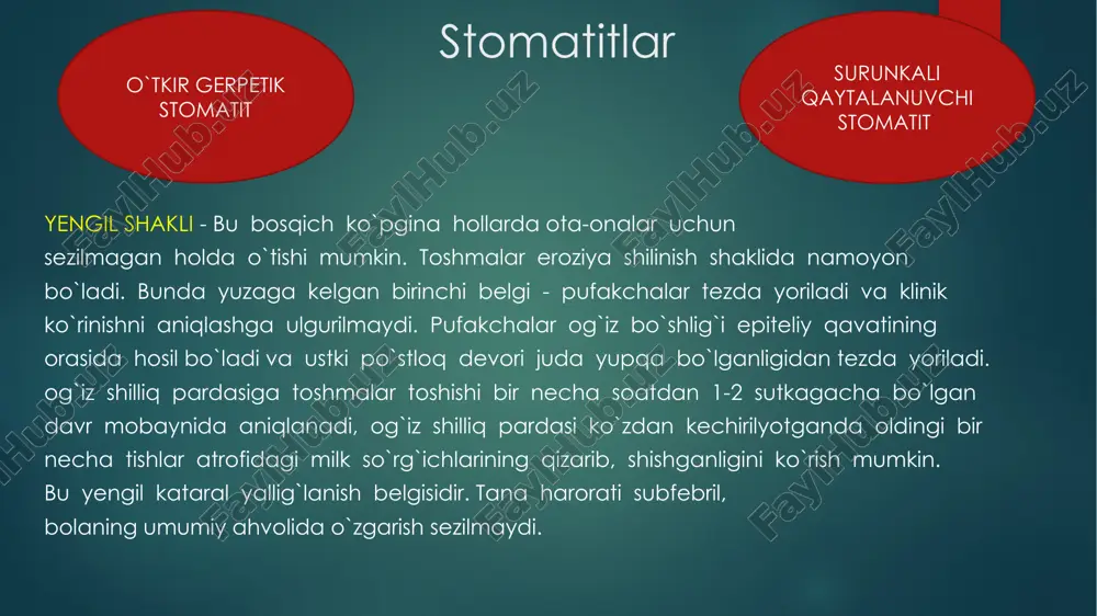lar ichidagi suyuq ekssudat tiniq seroz yoki qon aralashgan holda bo`lib, keyinchalik ularning qurishi natijasida o`rnida oqish-rangsiz yoki to`q qizil po`stloq hosil bo`ladi. toshmalar 2-3 kun, og`irshaklida esa 4-5 kun mobaynida paydo bo`lib turadi. ba’zi bir hollarda uzoqroq davometishi ham mumkin. xastalikning og`ir shaklida - hosil bo`lgan pufakchalar tezda yorilib, bir-biri bilan qo`shilishi natijasida og`iz shilliq pardasiniig lab, lunj, til, tanglay, ba’zi bir hollarda yutqin sohalarida katta yuzaga ega bo`lgan jarohatlar yuzaga keladi. bunday hollarda milk sathining kuchli kataral yallig`lanishi kuzatiladi. milklarda kuchli qizarish, shish paydo bo`ladi va eroziya (shilinish) aniqlanib, shilliq pardoning butunligi buziladi. milk cho`ntaklaridan quyqasimov suyuqlik sizib chiqadi. bolalarning umumiy ahvoli butun toshmalar toshish bosqichi davomida og`irlashadi. ular ovqat, suvdan butkul bosh tortadilar. bu holat organizmning umumiy zaharlanishini kuchaytiradi. tana harorati ko`tarilib, bolaning uyqusi buziladi. ba’zan og`ir hollarda ich ketishi, qusish yoki ich yurishmay qolishi mumkin. xastalikning og`ir kechishiga, bolaning umumiy ahvolining bu qadar yomonlashuviga shilliq pardaga …
