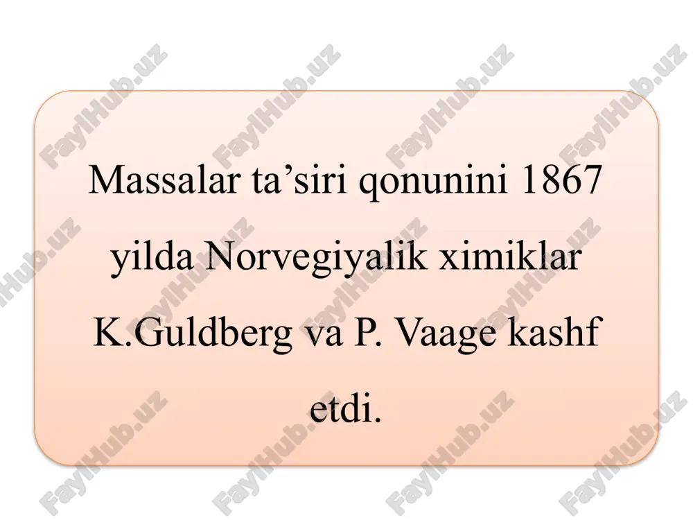 - stexiometrik koeffitsientlar . stexiometrik tenglamada kimyoviy elementlar balansi saqlanadi. har bir elementning dastlabki modda va mahsulotlardagi miqdori o’zaro teng bo’ladi. shu bois stexiometrik tenglamalarni algebraik deb hisoblash deyiladi. stexiometrik tenglamalar soni. stexiometrik tenglamalar bir necha usullarda ifodalanishi mumkin. ammiak sintezi reaktsiyasi quyidagi stexiometrik tenglama bilan yoziladi: n2 + 3h2 =2nh3 yoki 0,5 n2+ 1,5 h2 = nh3 metanning bug’dagi konversiyasi ikki bosqichda o’tadi: sn4 + n2o = so + 3n2; co+h2o = co2+ h2. quyidagi stexiometrik tenglamani ham yozish mumkin: sn4 + 2n2o = so2+ 4n2. tenglamalar soni moddalar sonidan ko’pligi ma’lum. shu bois tenglamalar majmuasi aniq bo’lishi talab etiladi. aytaylik, o’zgarishlarda v moddalar ishtirok etayapti, ular sonini o’zgarishlardan so’ng aniqlash lozim bo’ladi. buning uchun v ga teng tenglamalar kerak bo’ladi. lekin moddalar e ga teng kimyoviy elementlardan tashkil topadn, har bir tenglamada elementlar balansi saqlanadi. kimyoviy muvozanat o’zgarishi tashqi sharoit o’zgarishi bilan amalga oshadi. ta’sir le – shatel’e …